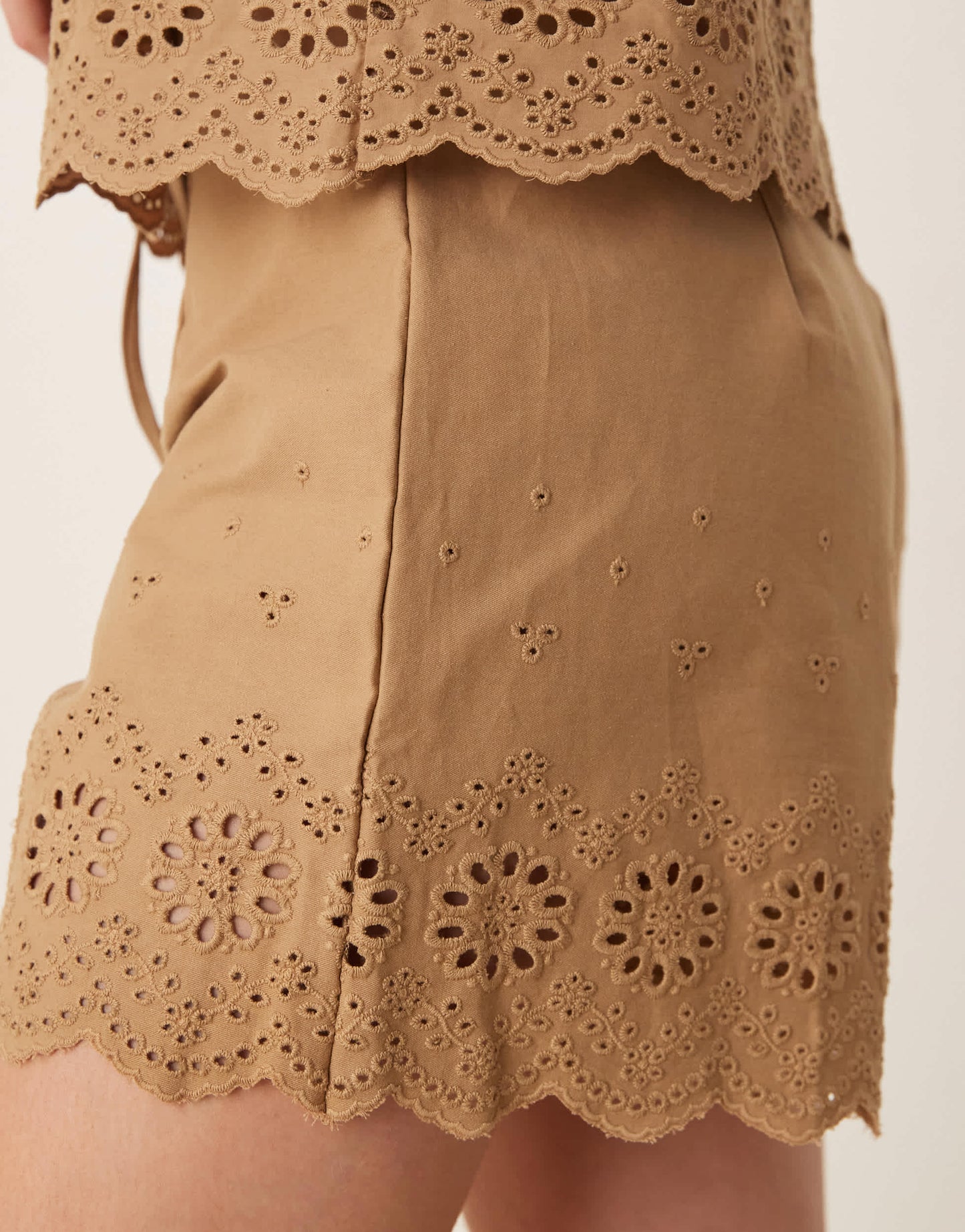 Vila cutwork embroidered poplin short co-ord in tobacco