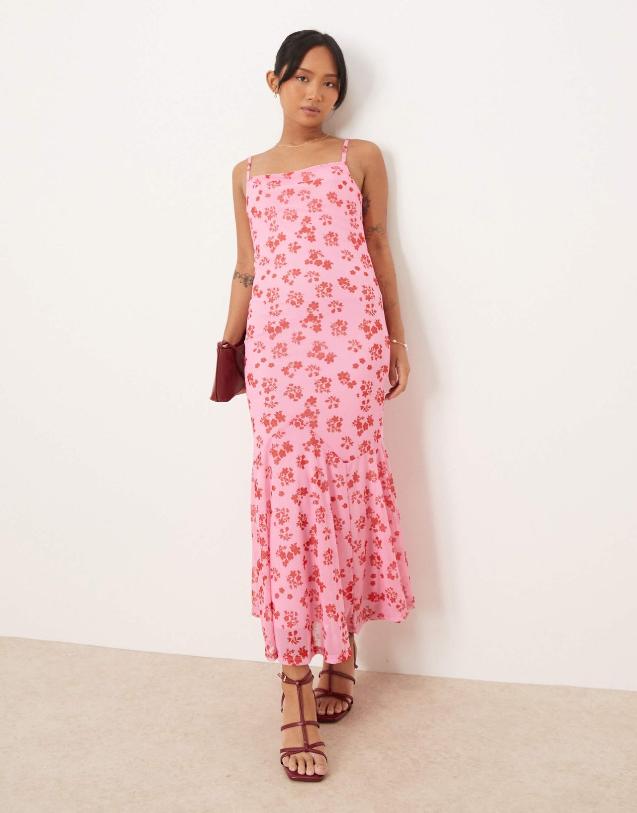 Vila Petite mesh square neck cami maxi dress in pink floral print