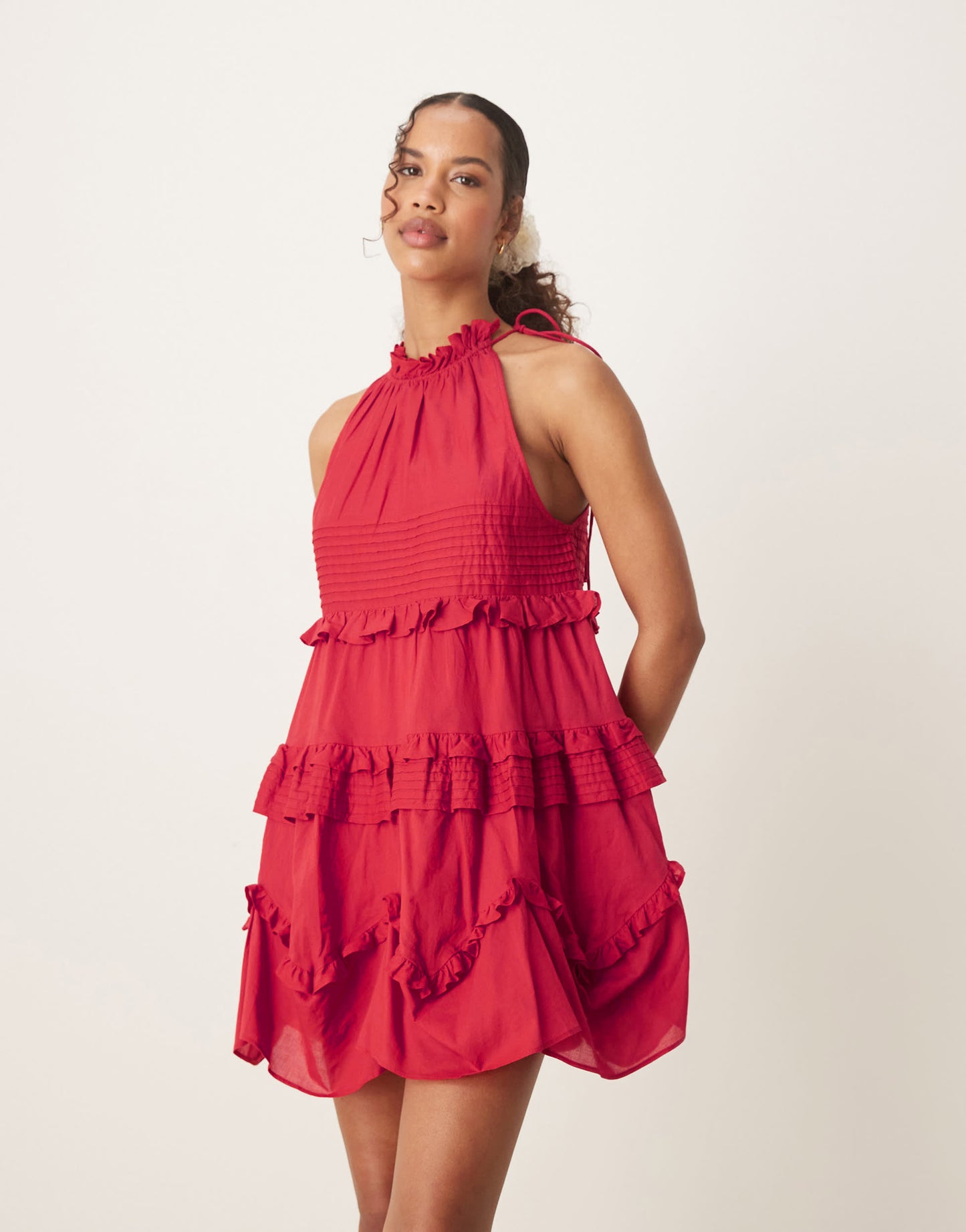ASOS DESIGN halter ruffle mini dress with pintucks in deep red