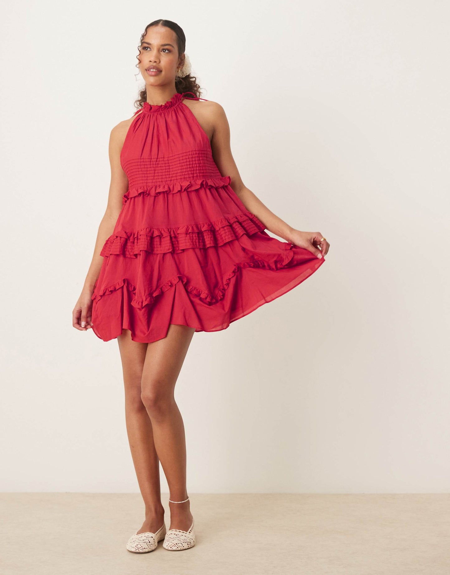 ASOS DESIGN halter ruffle mini dress with pintucks in deep red