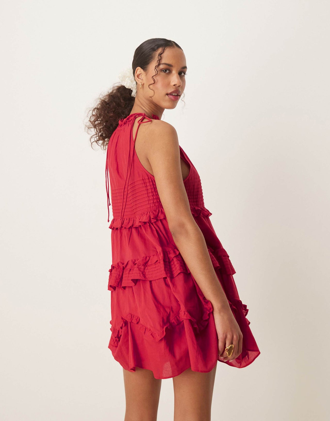ASOS DESIGN halter ruffle mini dress with pintucks in deep red