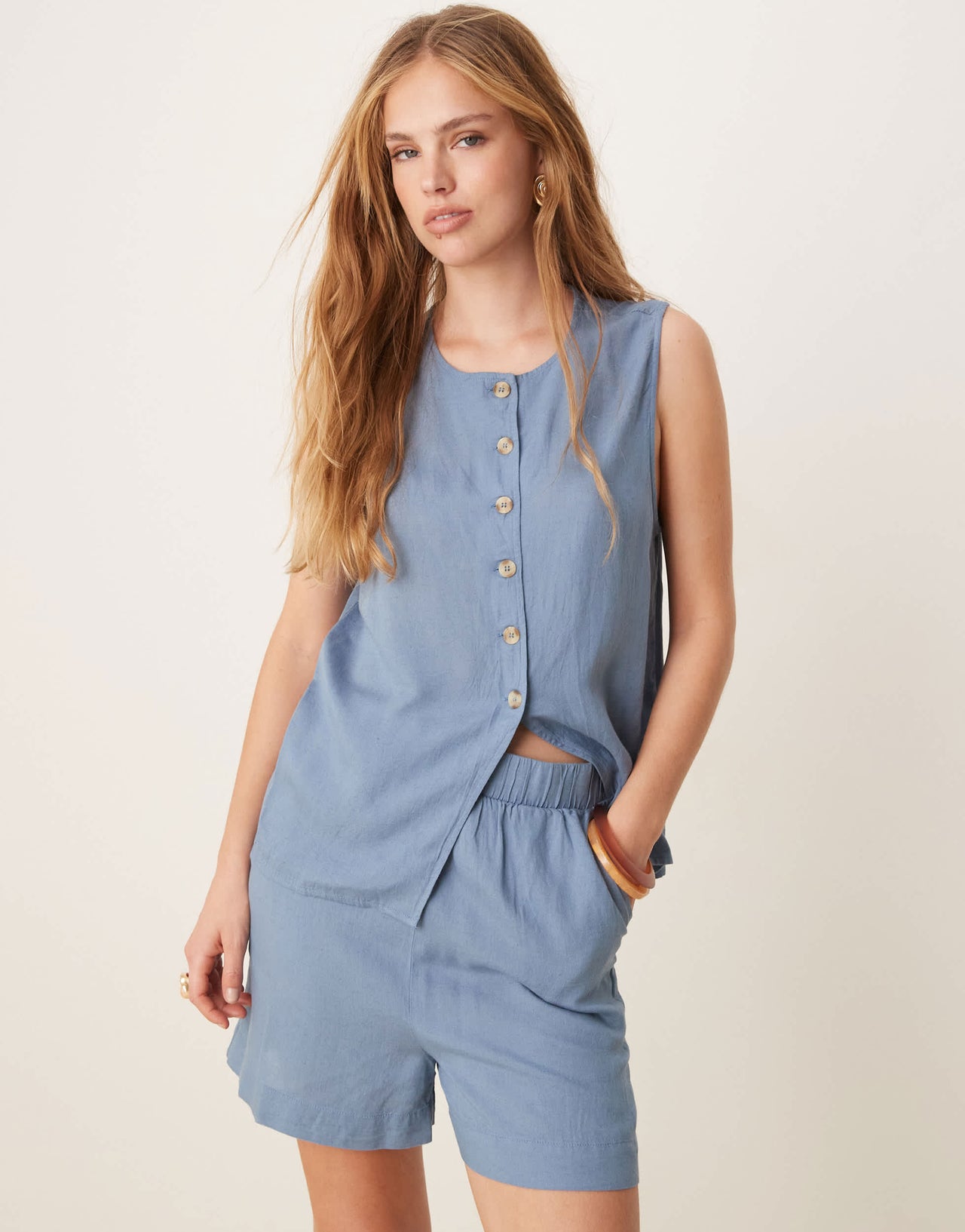 Vila high waisted full short co-ord in chambray blue