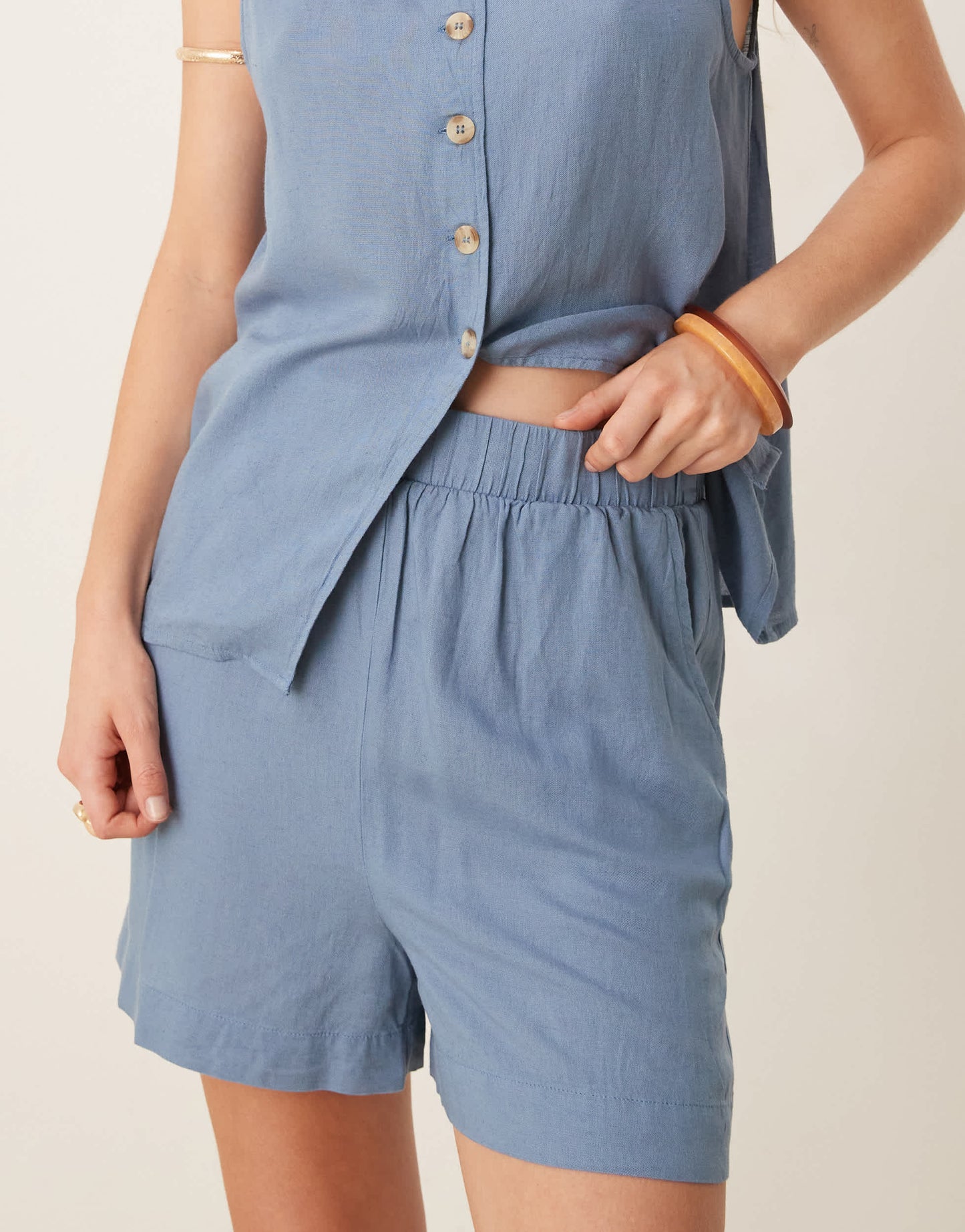 Vila high waisted full short co-ord in chambray blue