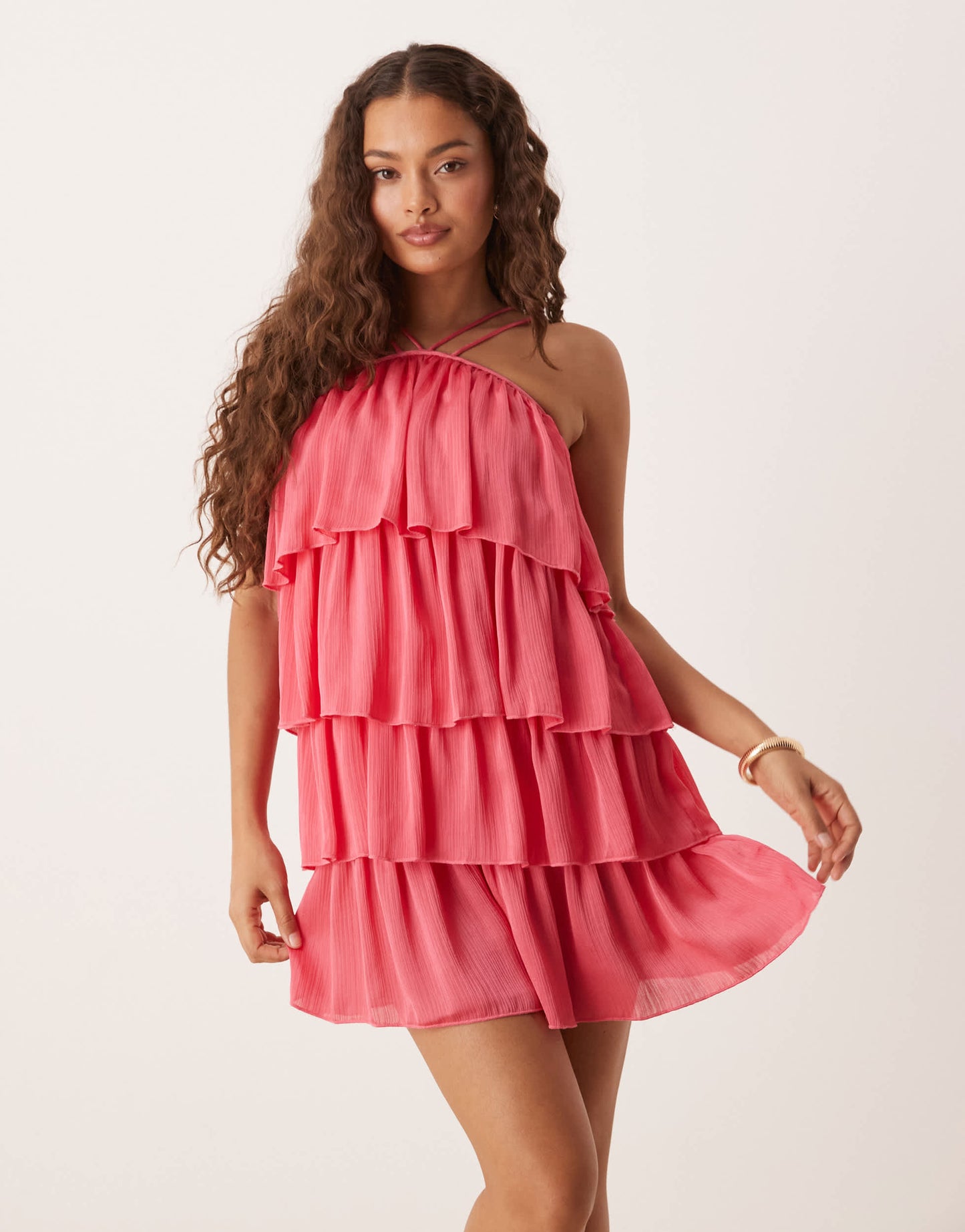 Vila Petite high neck satin ruffle mini dress in pink