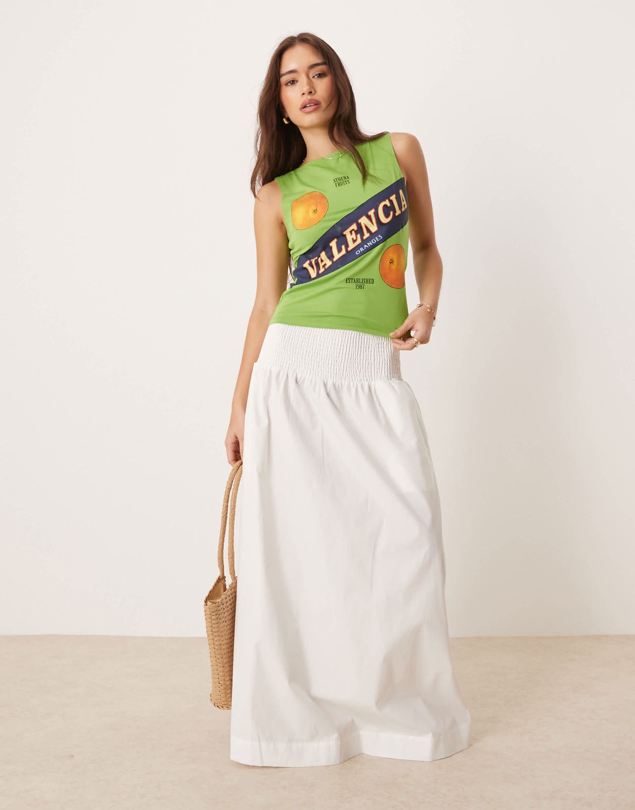 Vila shirred waistband poplin boho skirt in cream