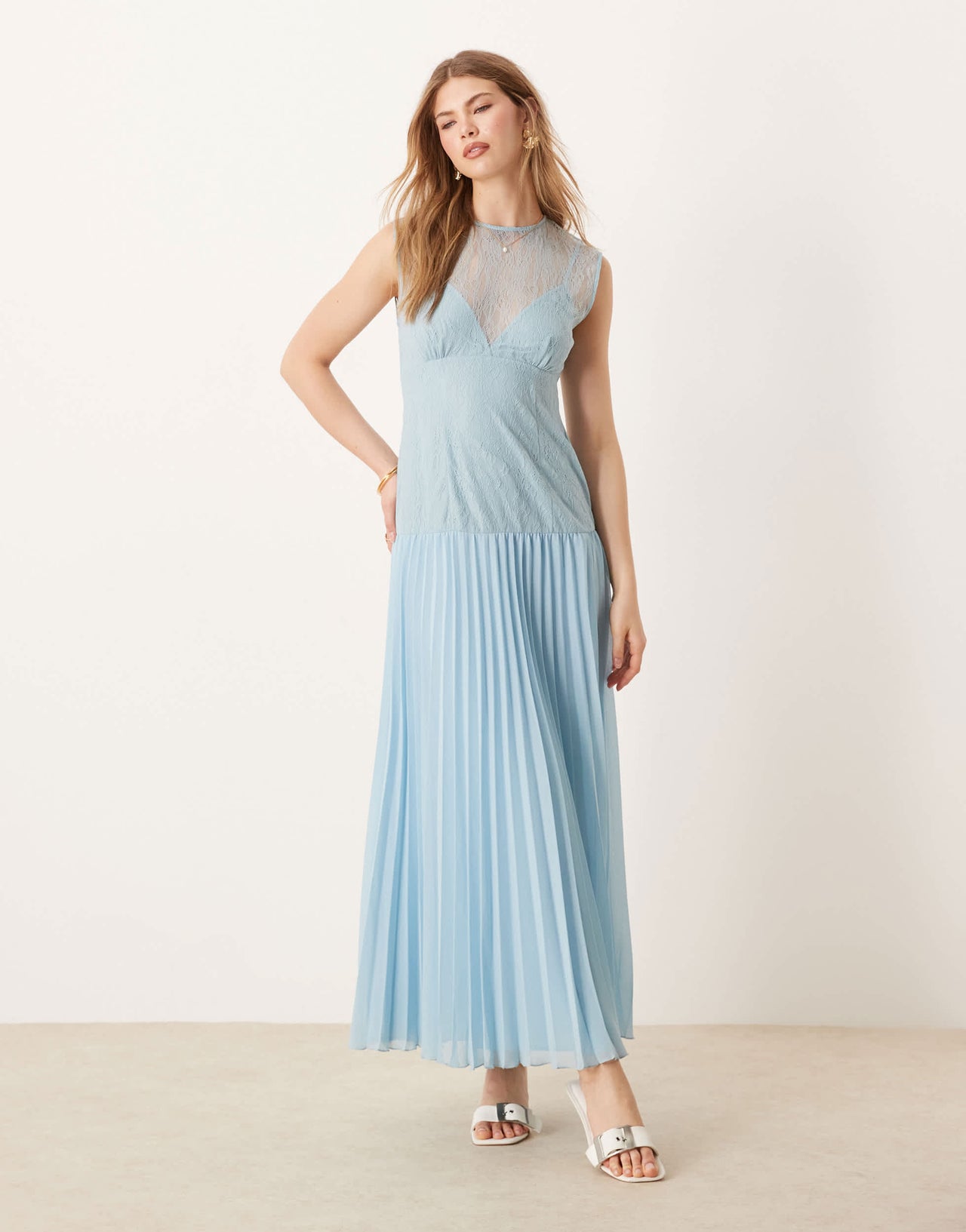 ASOS DESIGN lace bodice pleated skirt midi dress in icy blue