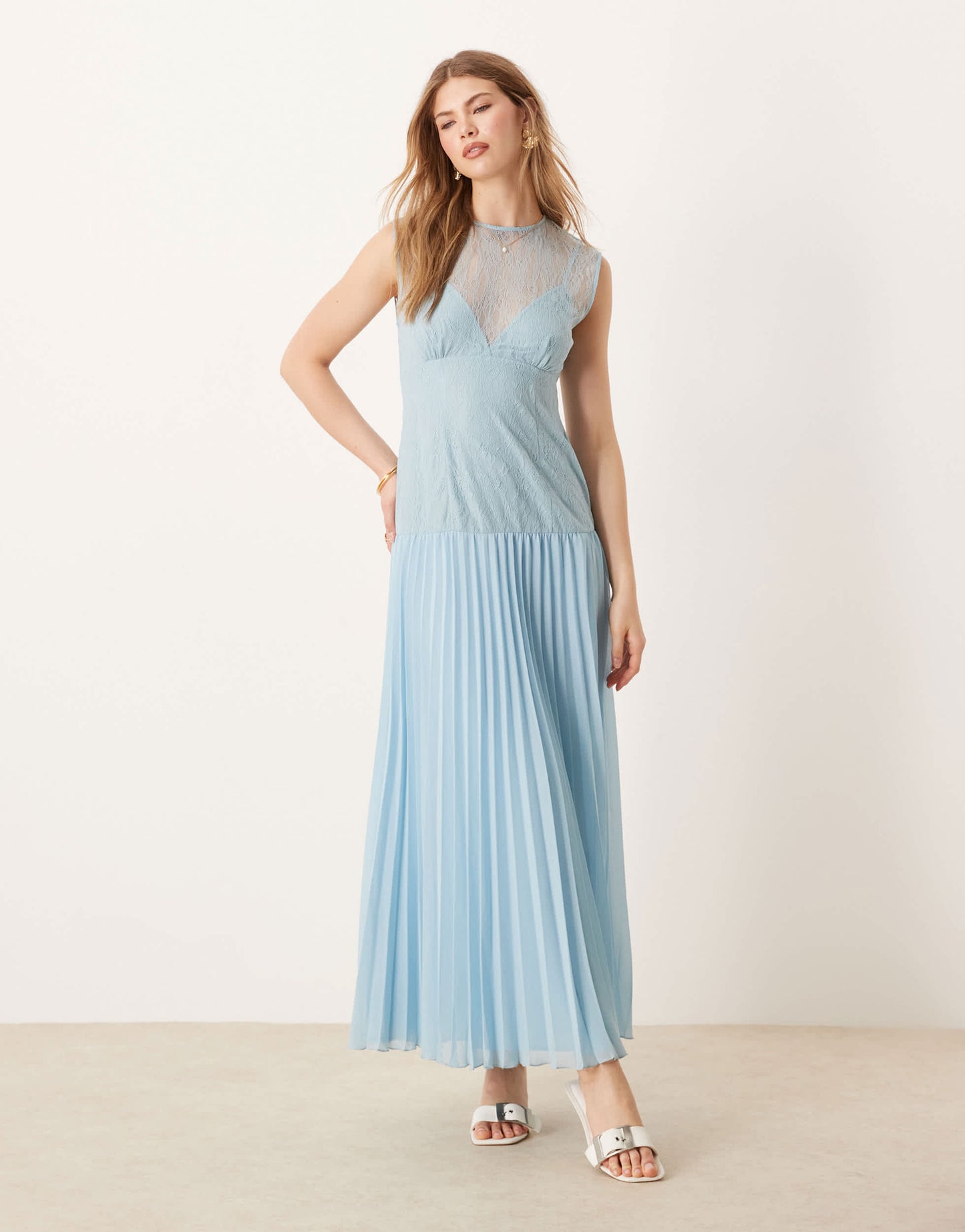 ASOS DESIGN lace bodice pleated skirt midi dress in icy blue