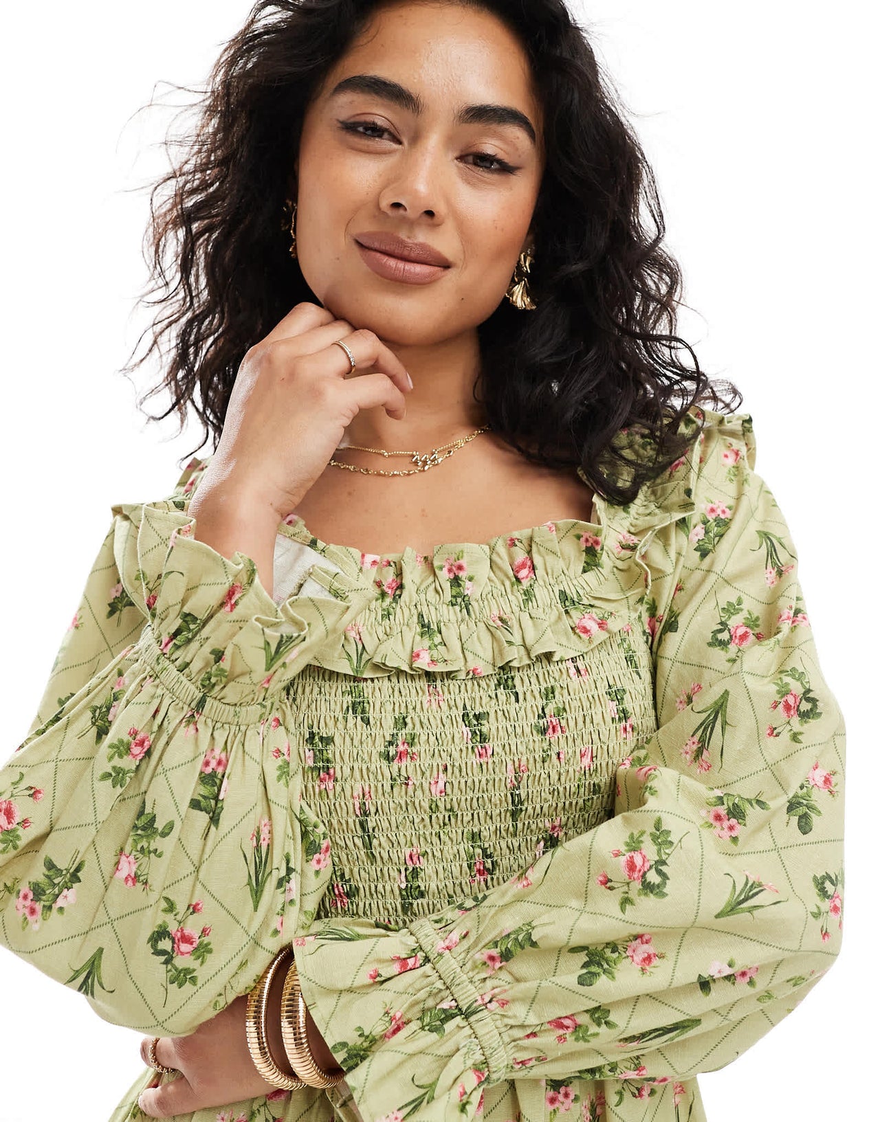 Miss Selfridge linen printed bardot maxi dress in green floral