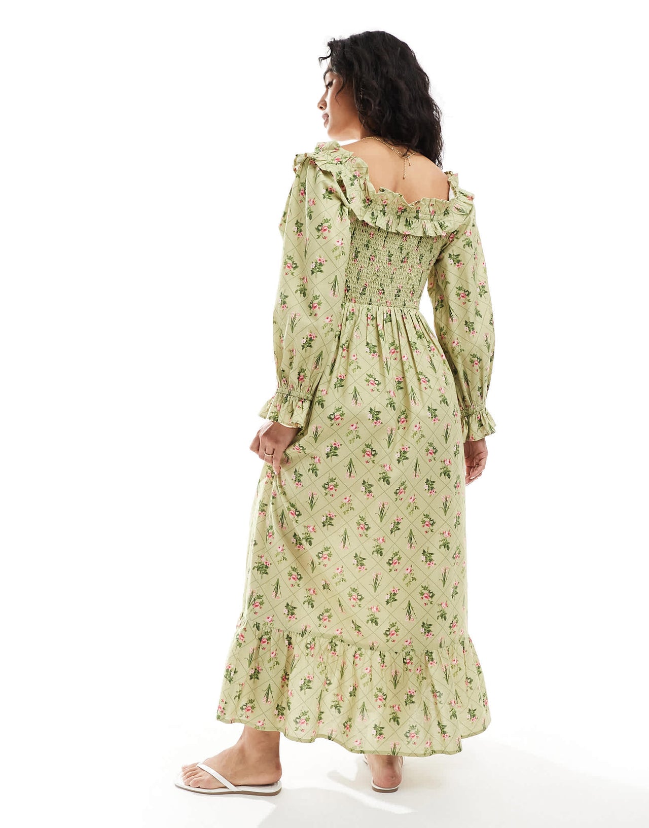 Miss Selfridge linen printed bardot maxi dress in green floral