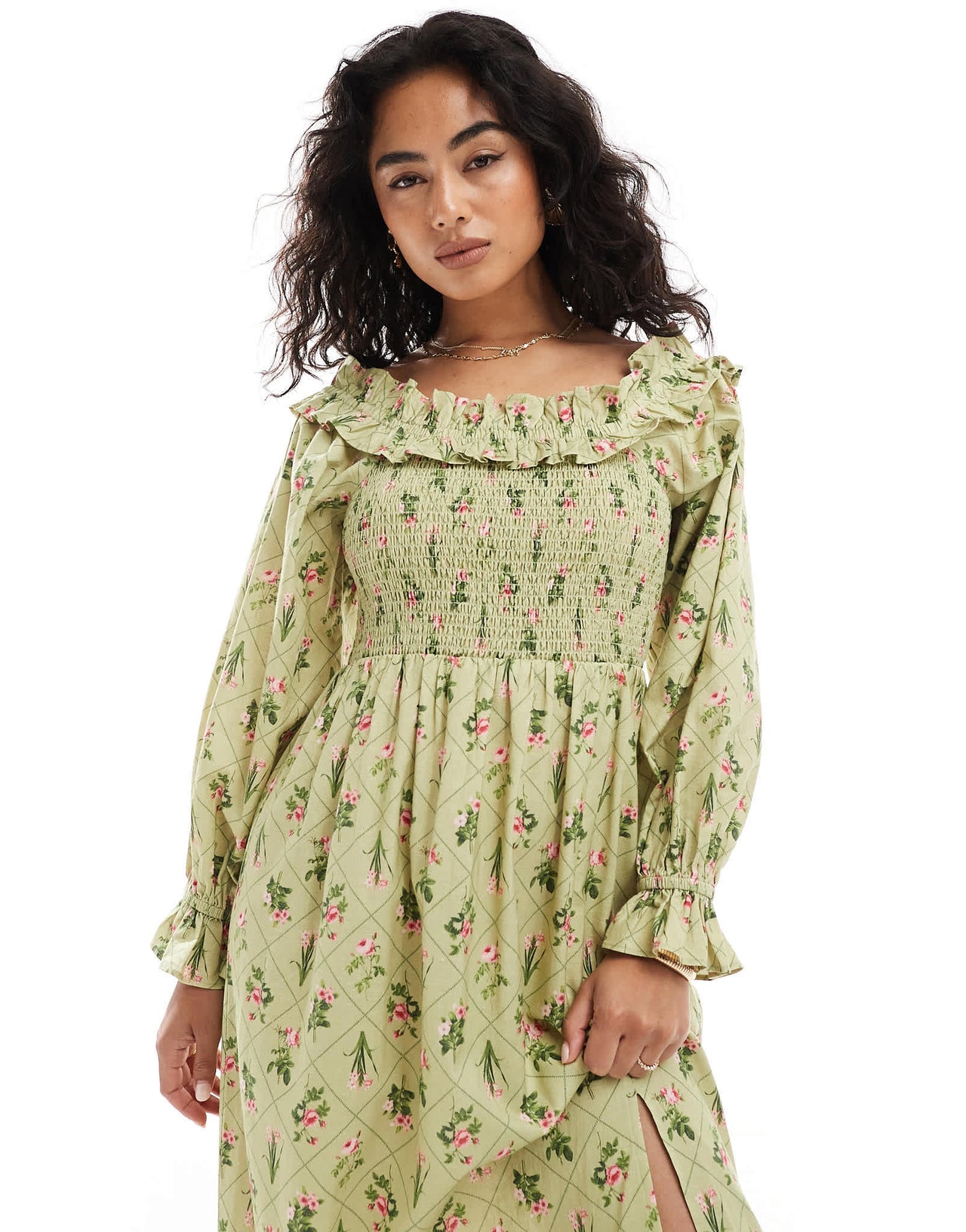 Miss Selfridge linen printed bardot maxi dress in green floral