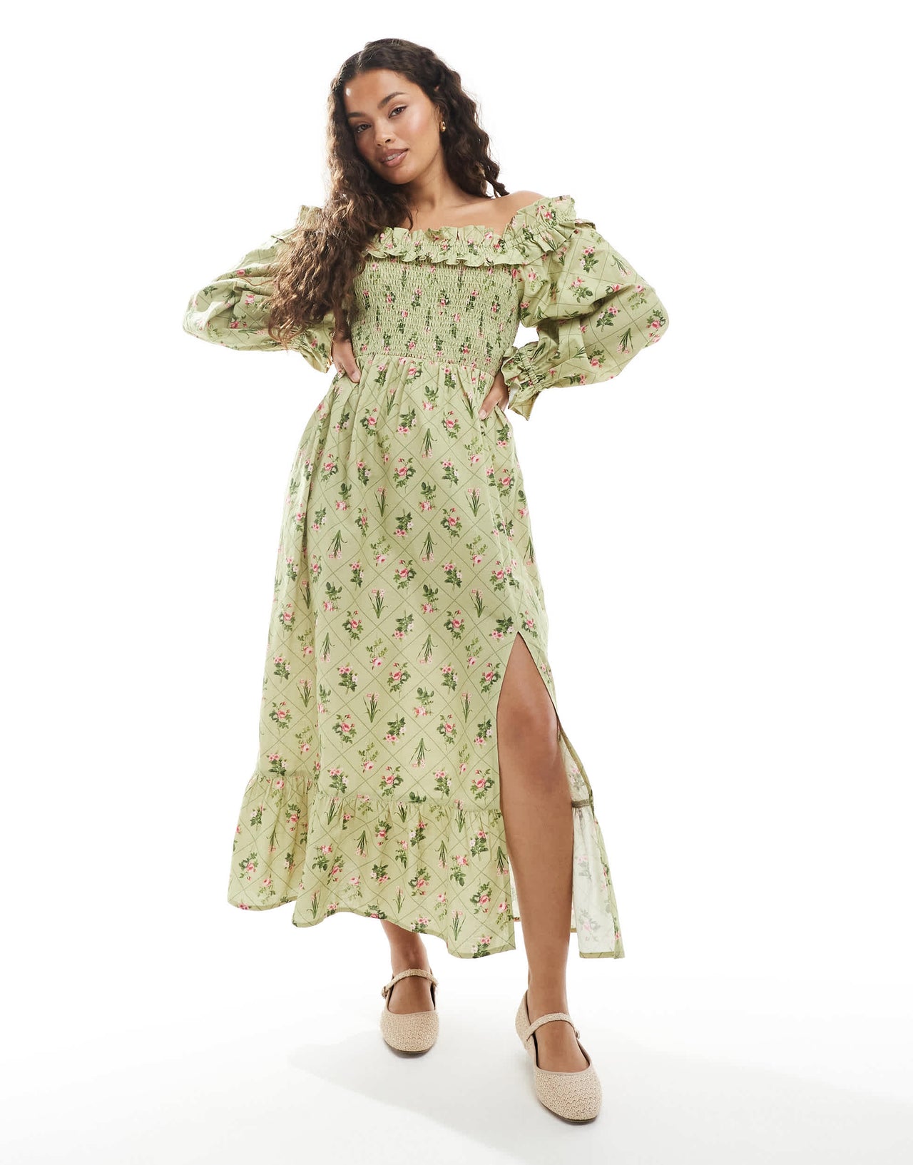 Miss Selfridge Petite printed linen bardot maxi dress in green floral