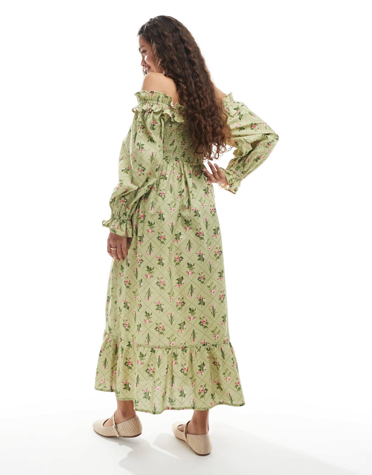 Miss Selfridge Petite printed linen bardot maxi dress in green floral