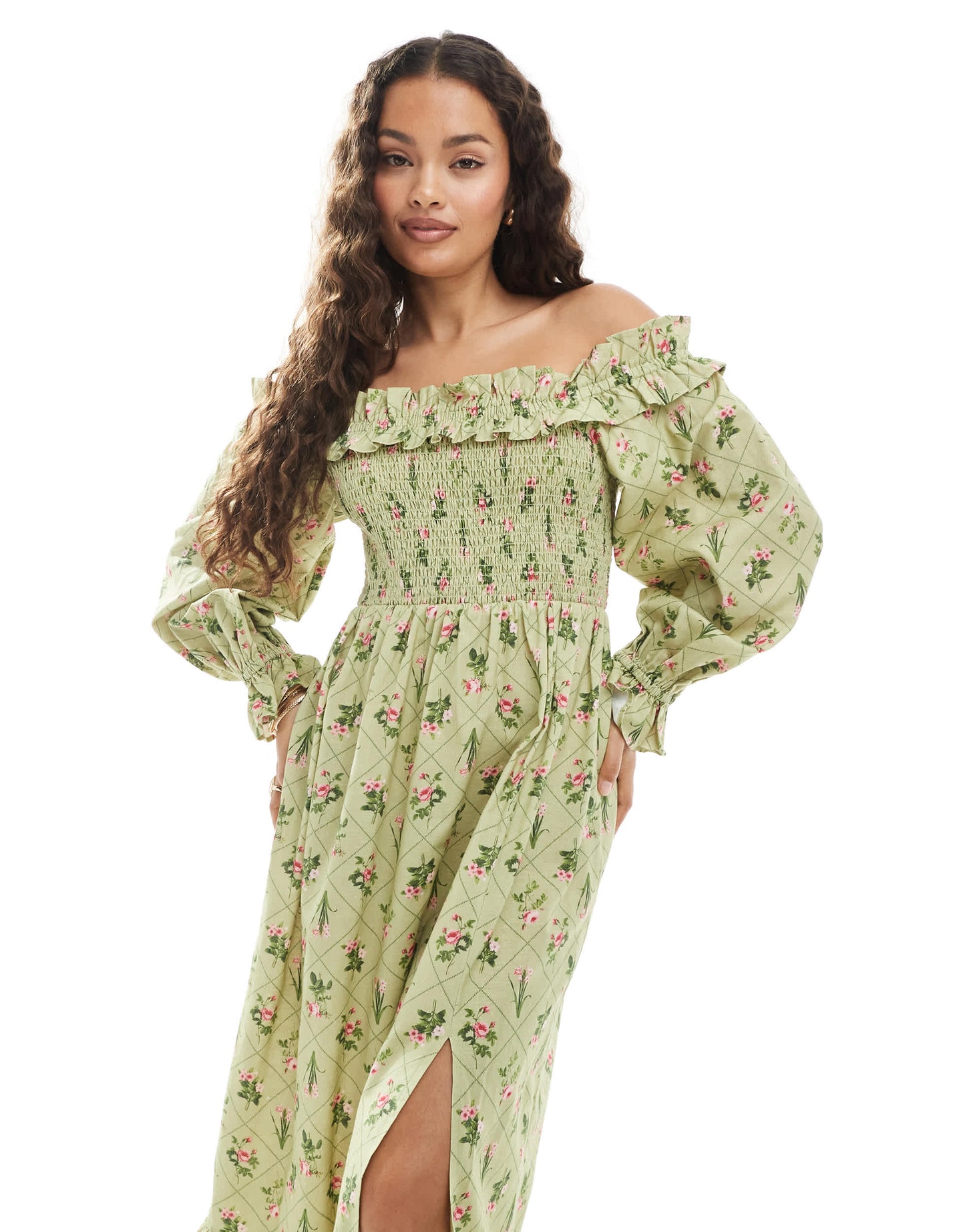 Miss Selfridge Petite printed linen bardot maxi dress in green floral