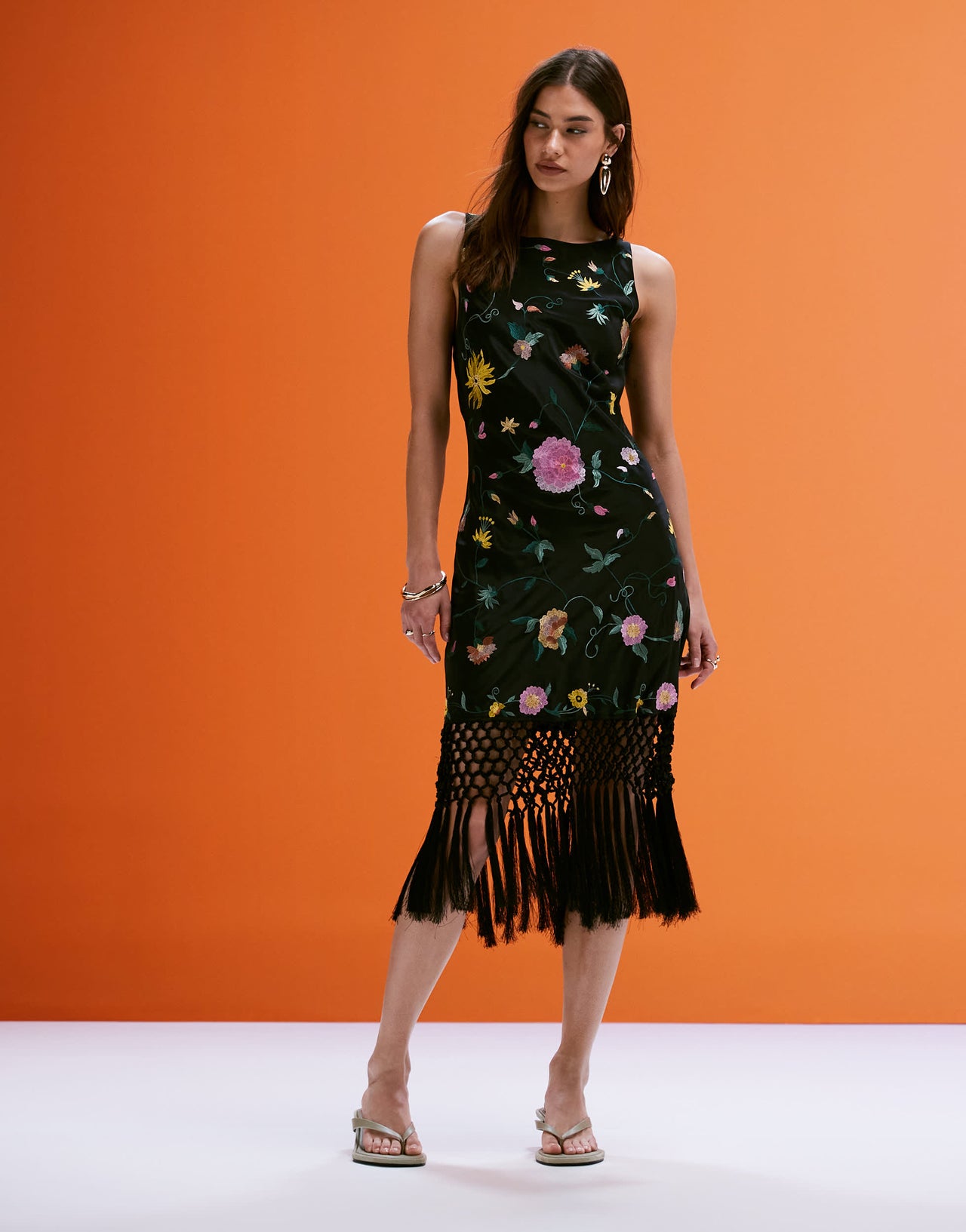 ASOS DESIGN all over embroidered cowl back mini dress with fringe hem in black