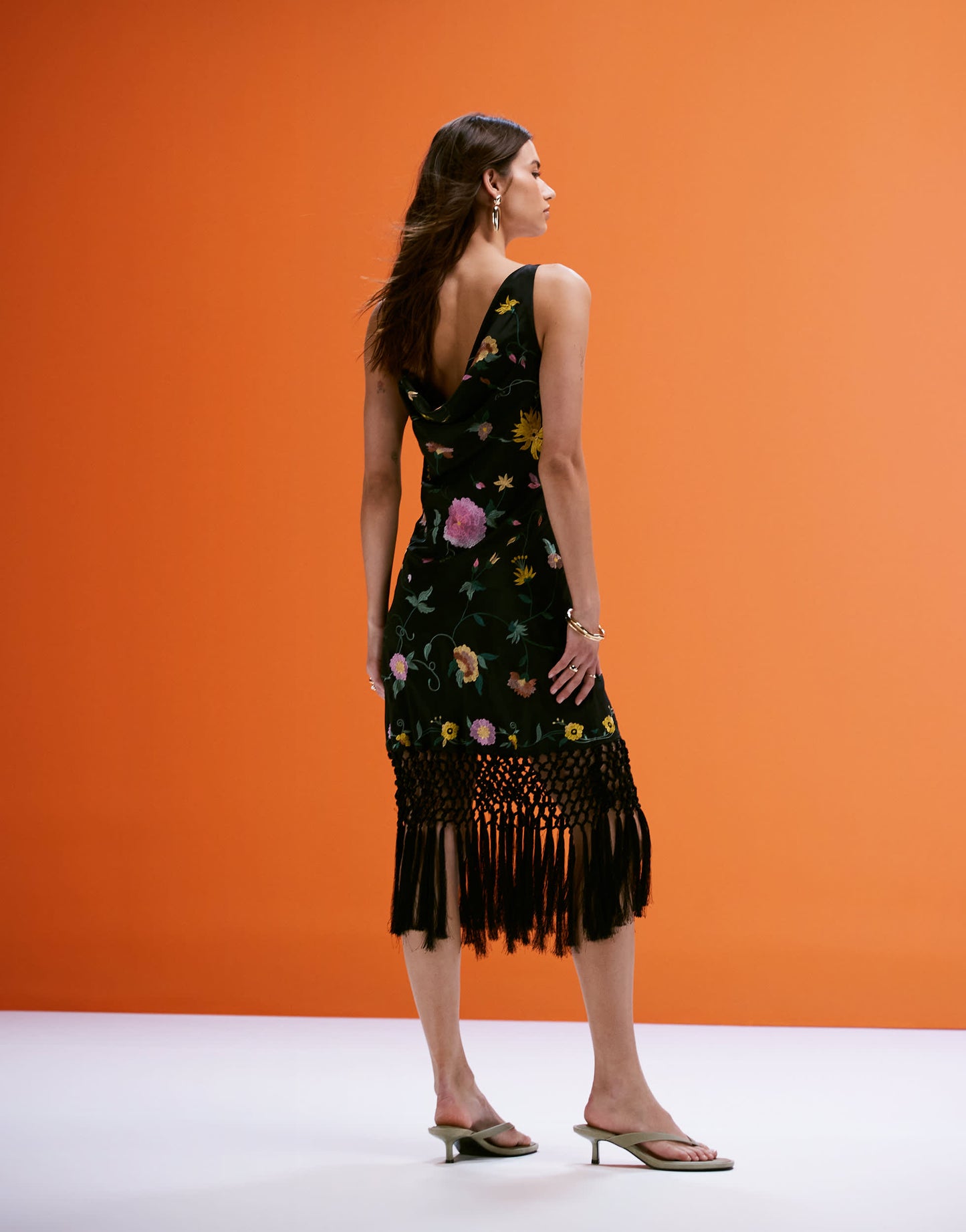 ASOS DESIGN all over embroidered cowl back mini dress with fringe hem in black