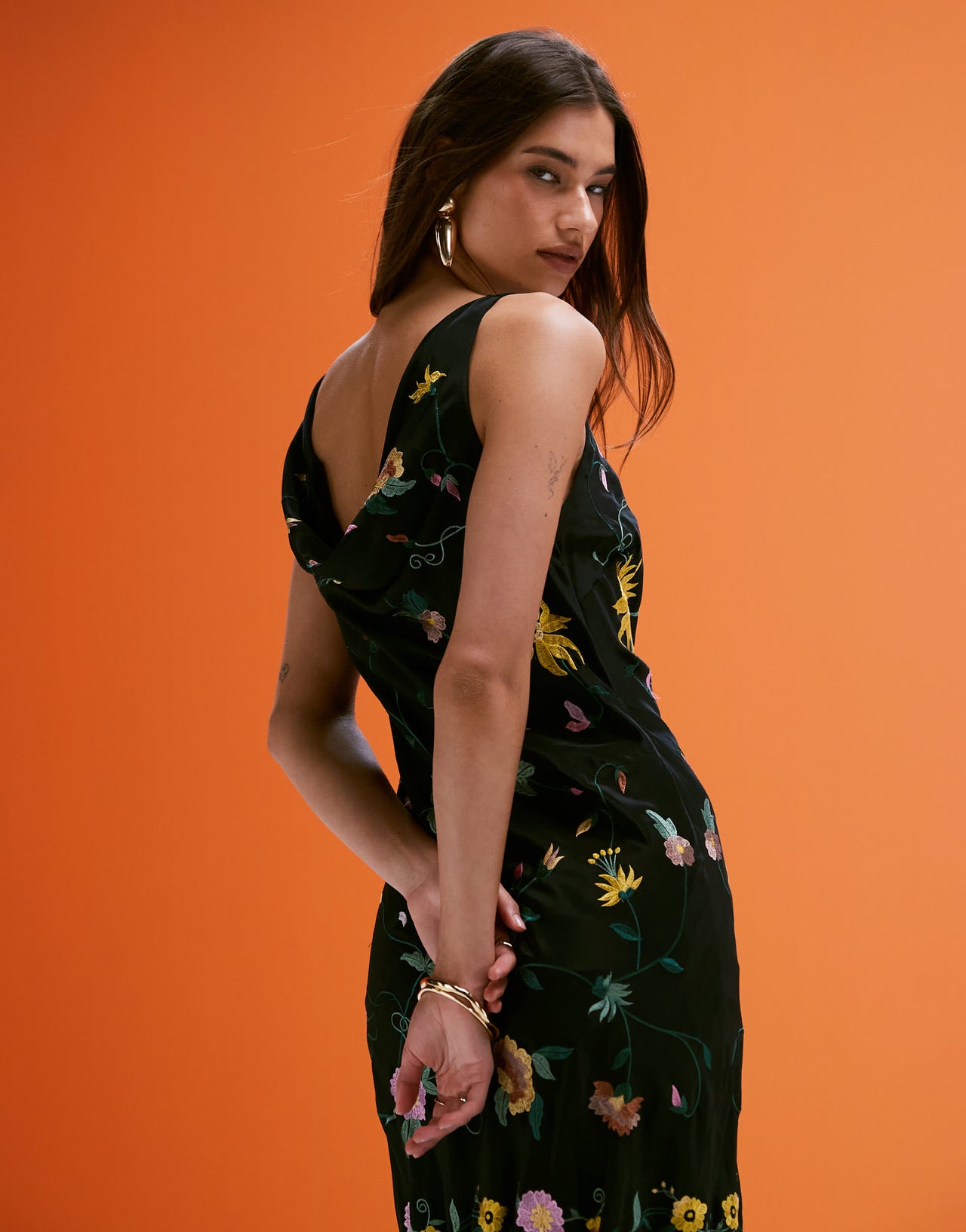ASOS DESIGN all over embroidered cowl back mini dress with fringe hem in black