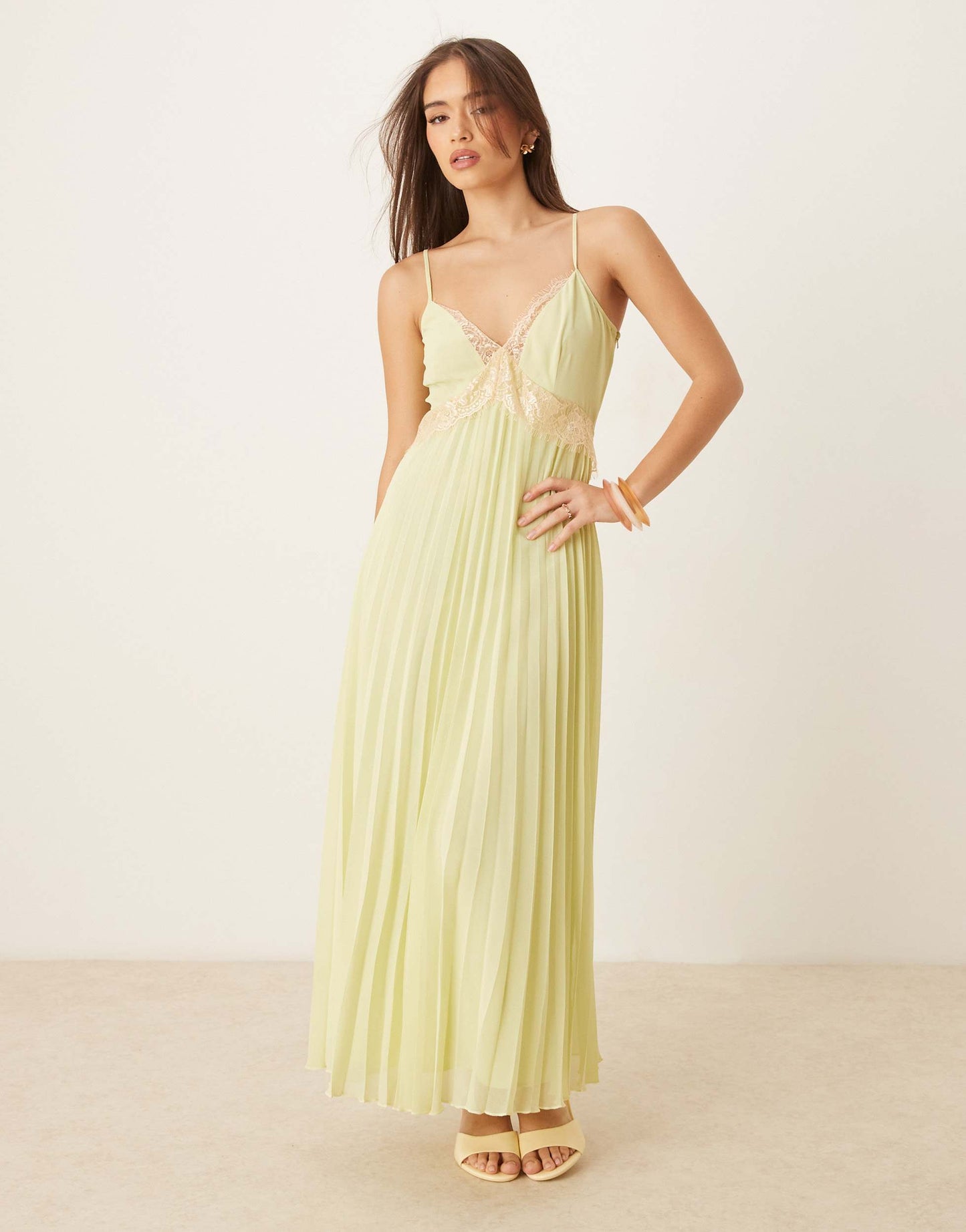ASOS DESIGN V neck lace trim pleated cami midi dress in sage green