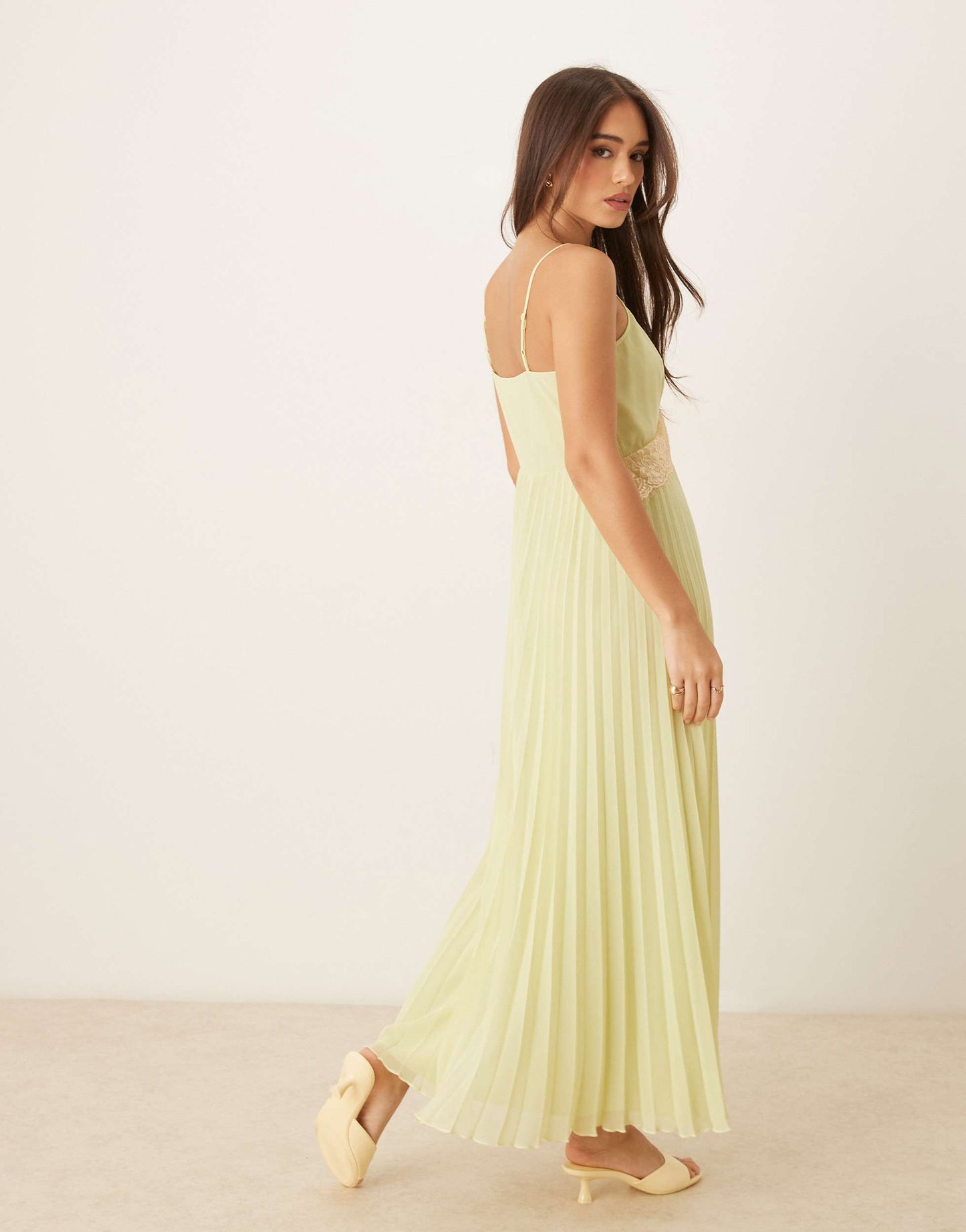 ASOS DESIGN V neck lace trim pleated cami midi dress in sage green