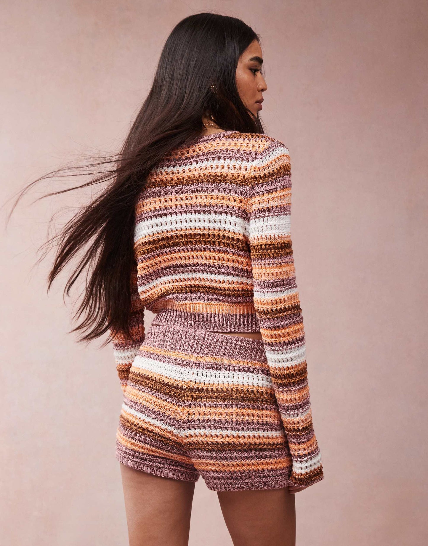 ASOS DESIGN knitted crochet stripe mini short co-ord in multi twist yarn