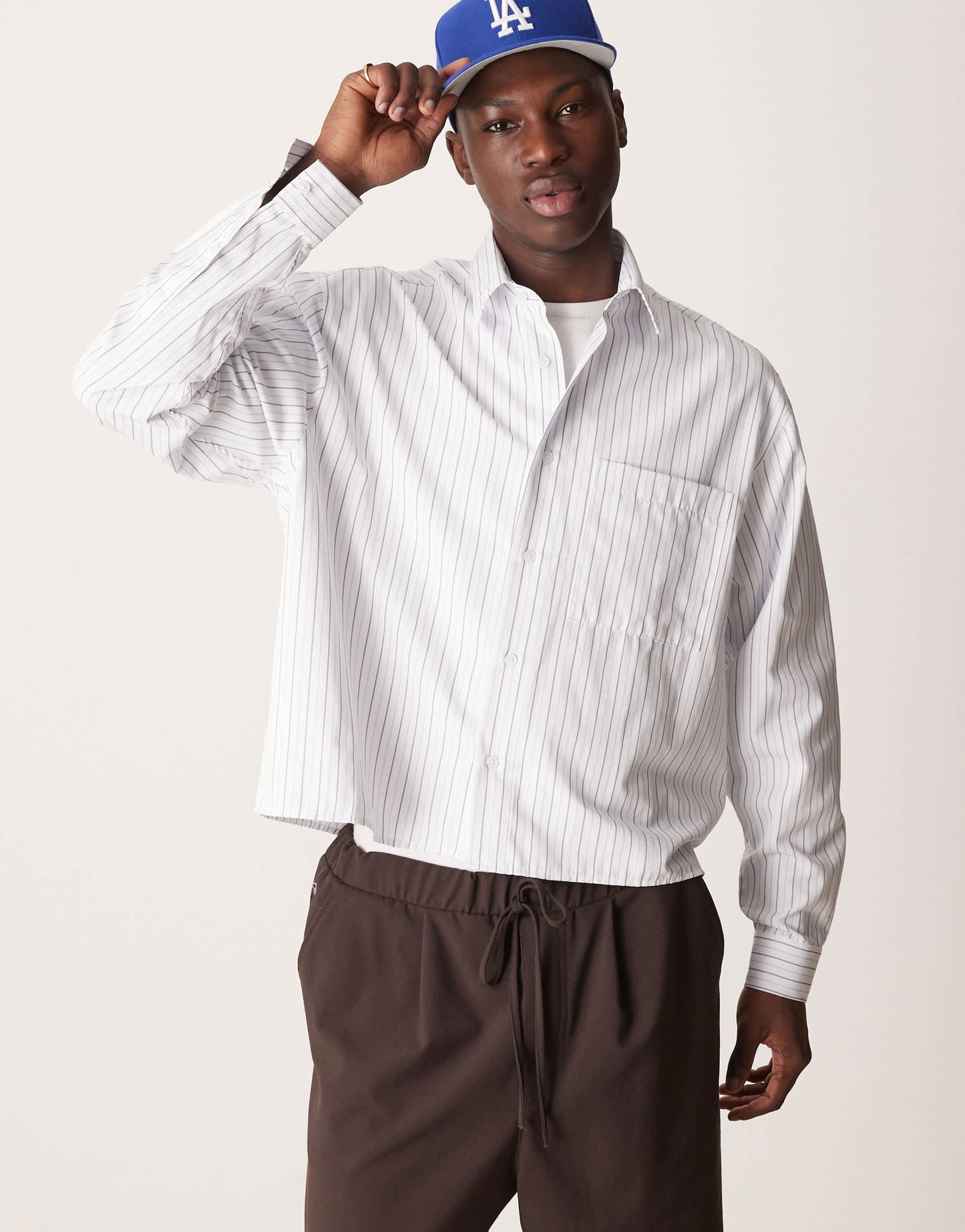 ASOS Design oversized boxy shirt in white and grey pinstripe
