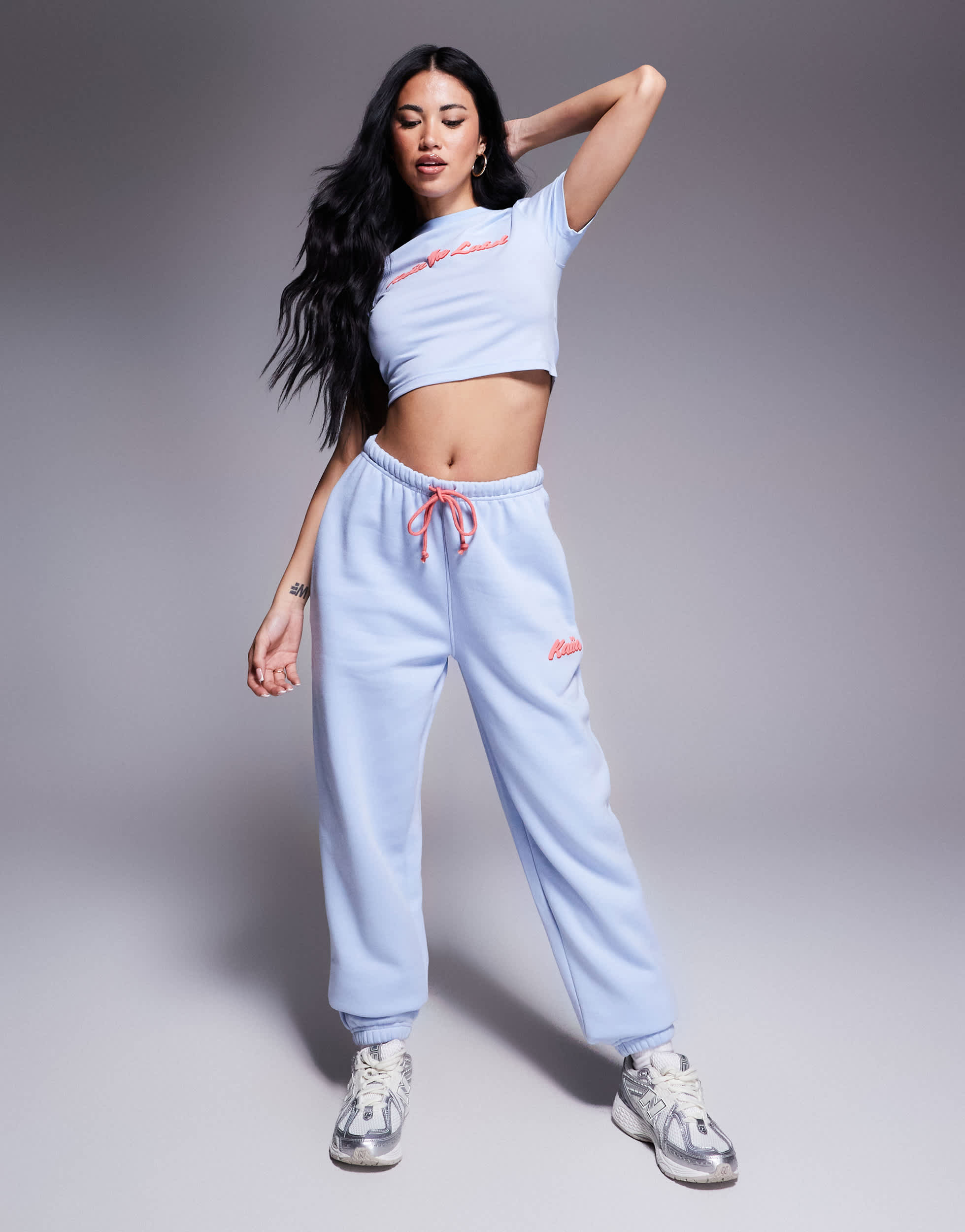 Kaiia cotton blend puff printed logo cuffed jogger co-ord in light blue and red