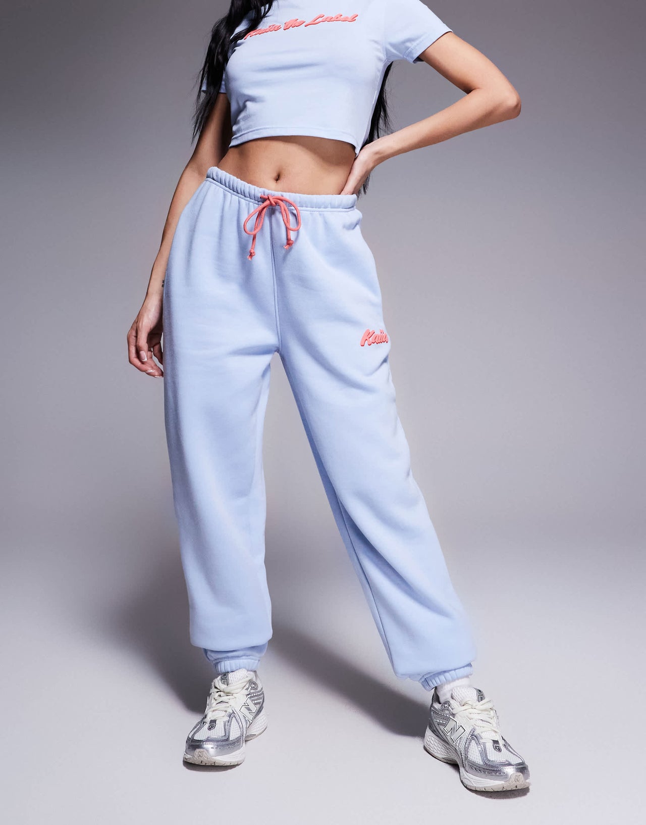 Kaiia cotton blend puff printed logo cuffed jogger co-ord in light blue and red