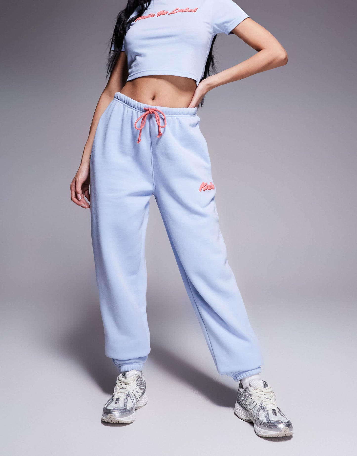 Kaiia cotton blend puff printed logo cuffed jogger co-ord in light blue and red
