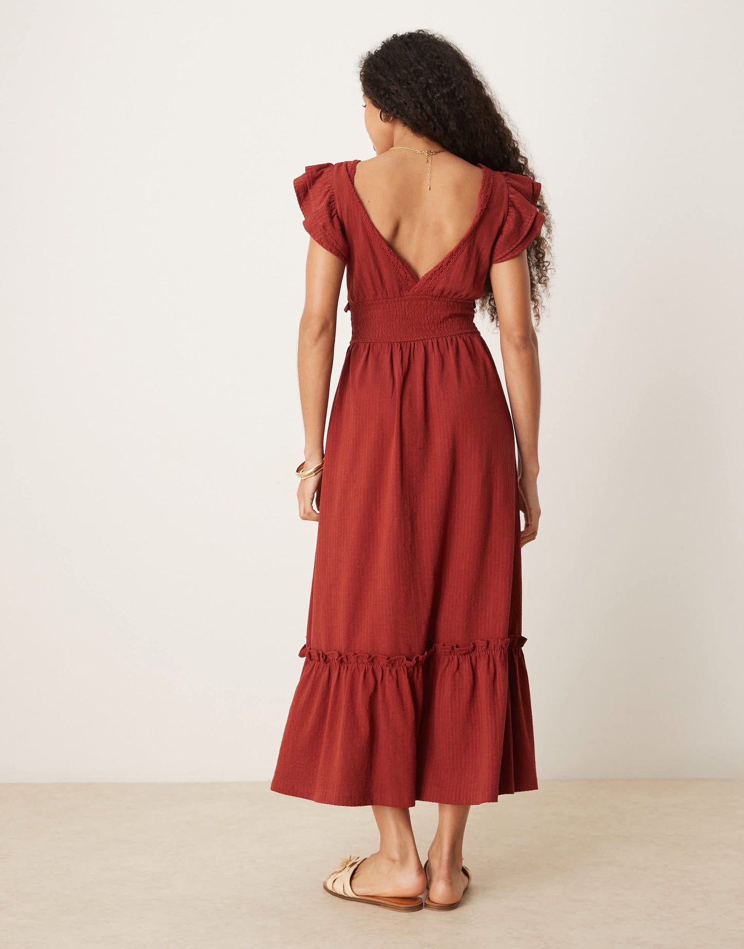 ASOS DESIGN ruffle V neck seersucker midi dress in rust