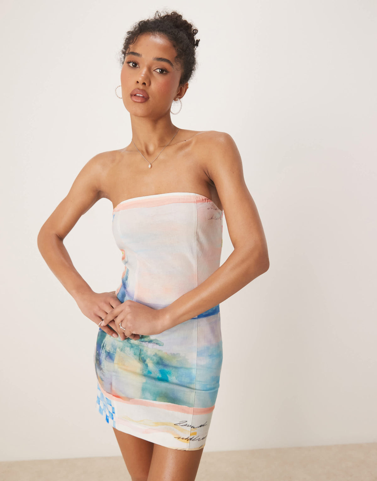 ASOS DESIGN linen bandeau mini dress co-ord in washed postcard print