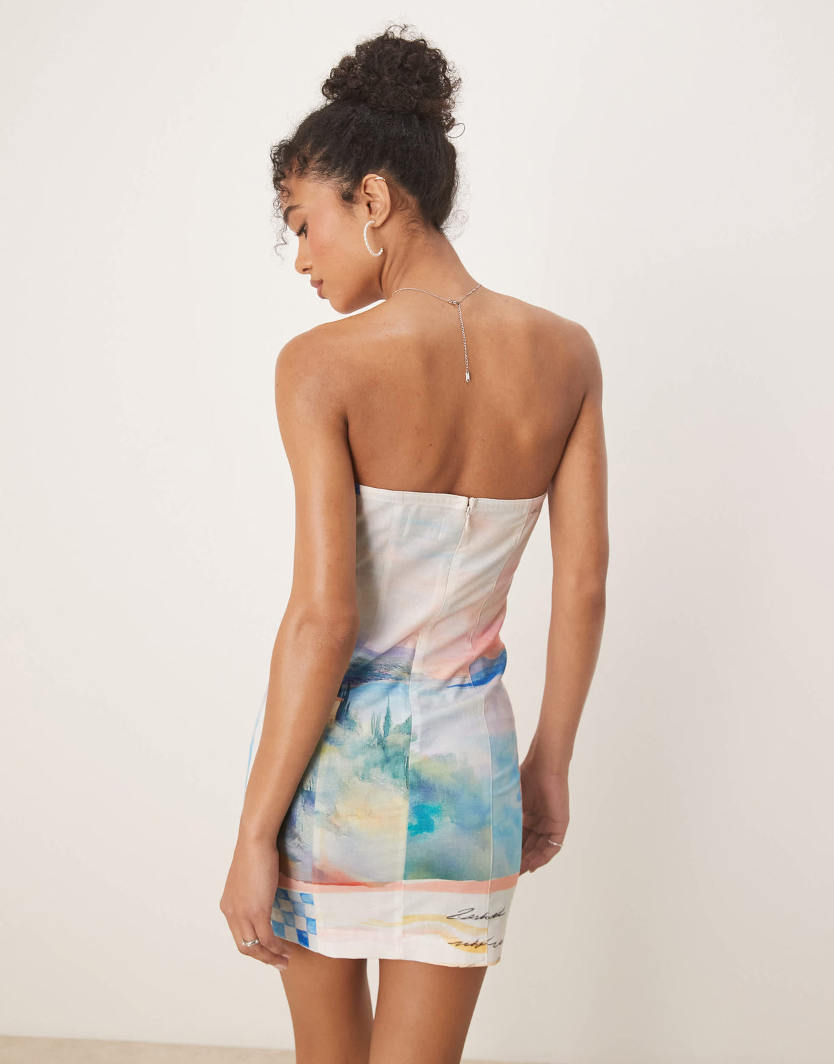 ASOS DESIGN linen bandeau mini dress co-ord in washed postcard print
