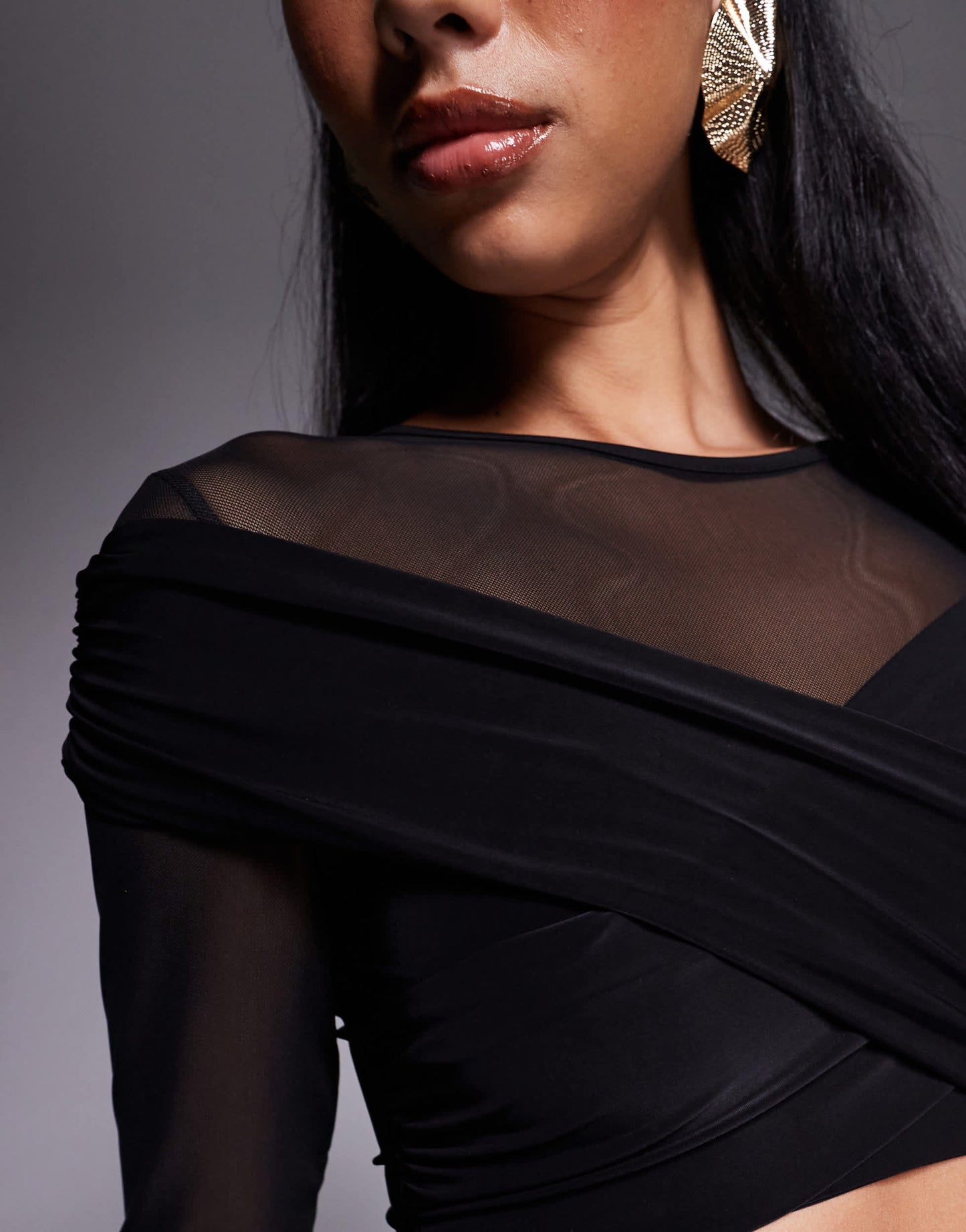 Missyempire double layered slinky & mesh crossover top in black