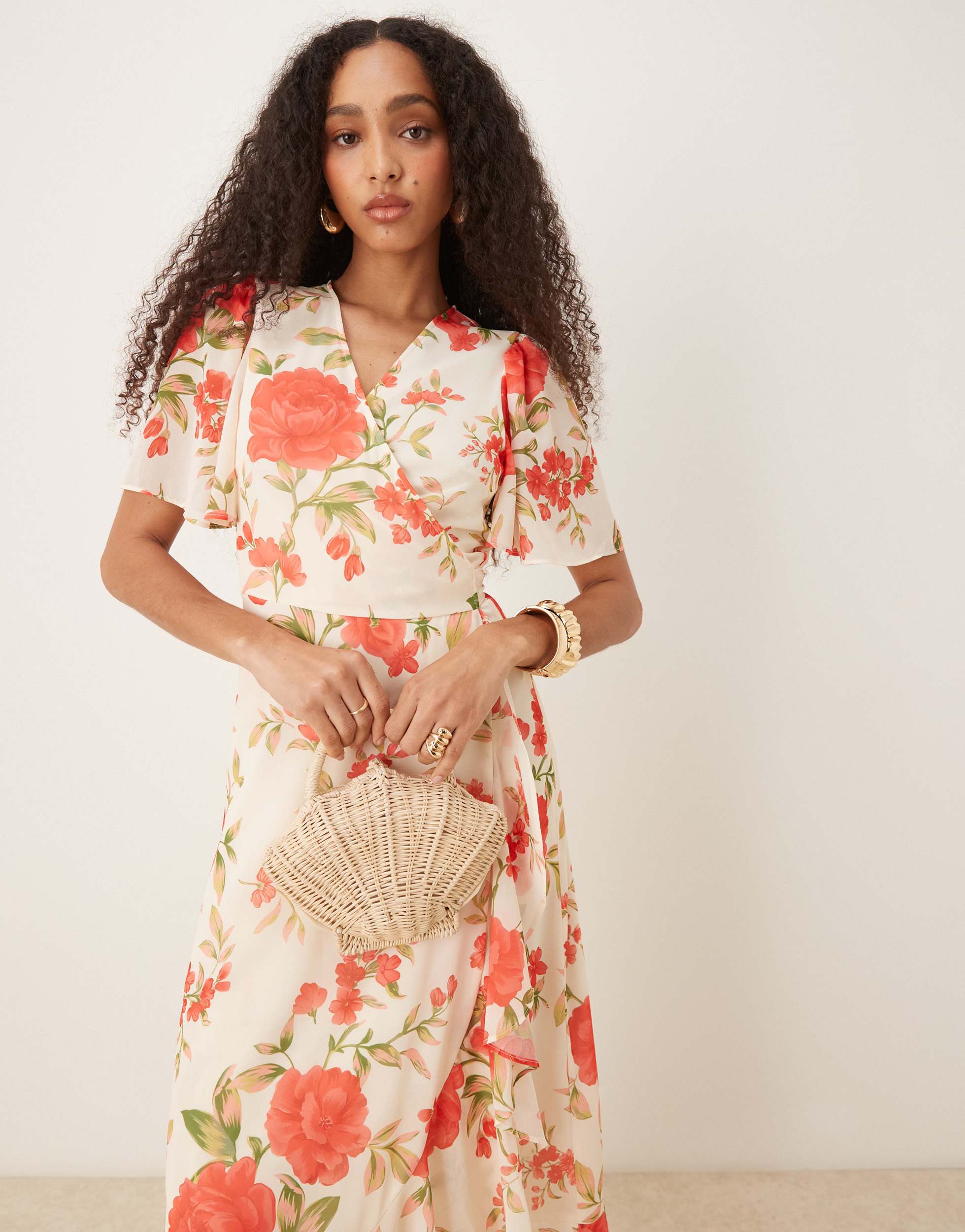 YAS wrap front fluted sleeve chiffon maxi dress in cream rose print