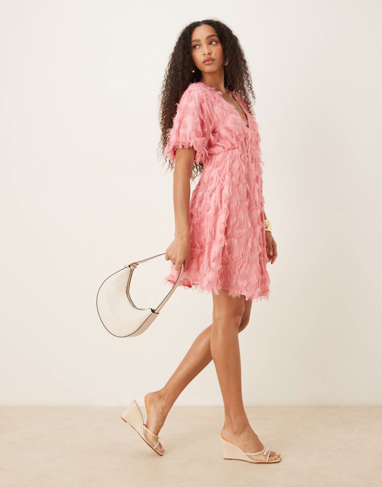 YAS textured v neck mini dress in bubblegum pink