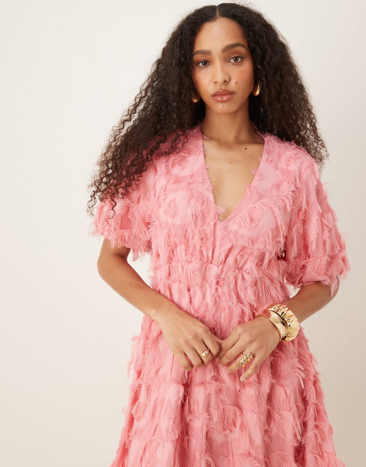YAS textured v neck mini dress in bubblegum pink