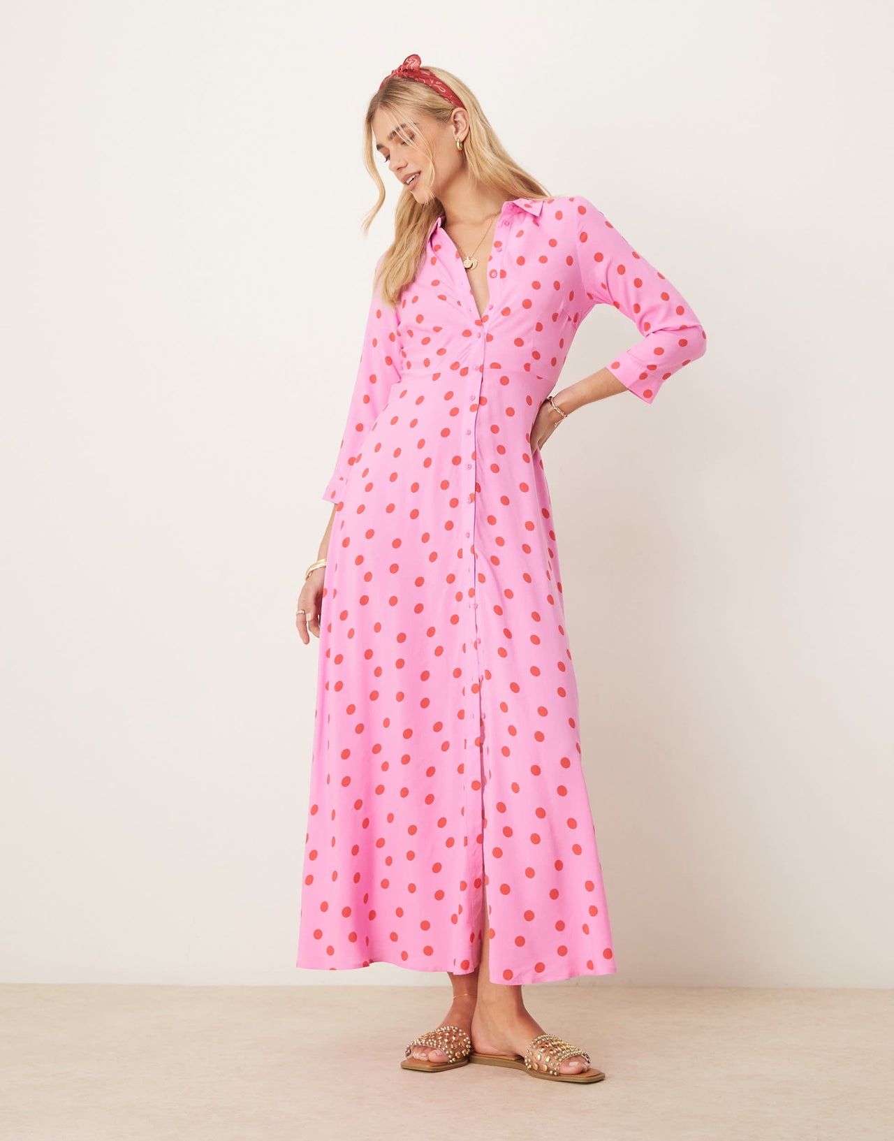 YAS maxi shirt dress in pink and red polka dot print