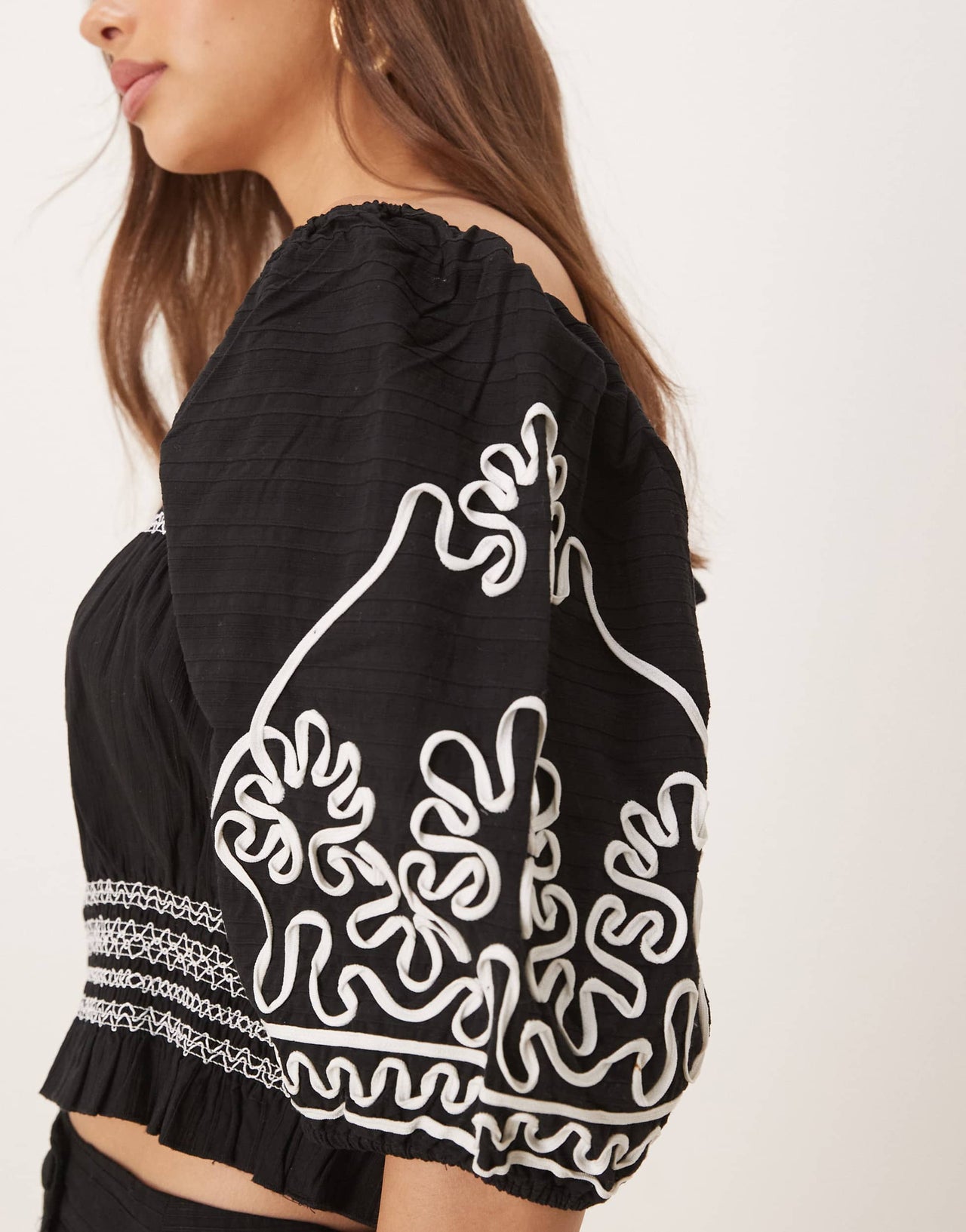 YAS contrast cornelli embroidered puff sleeve crop top co-ord in black
