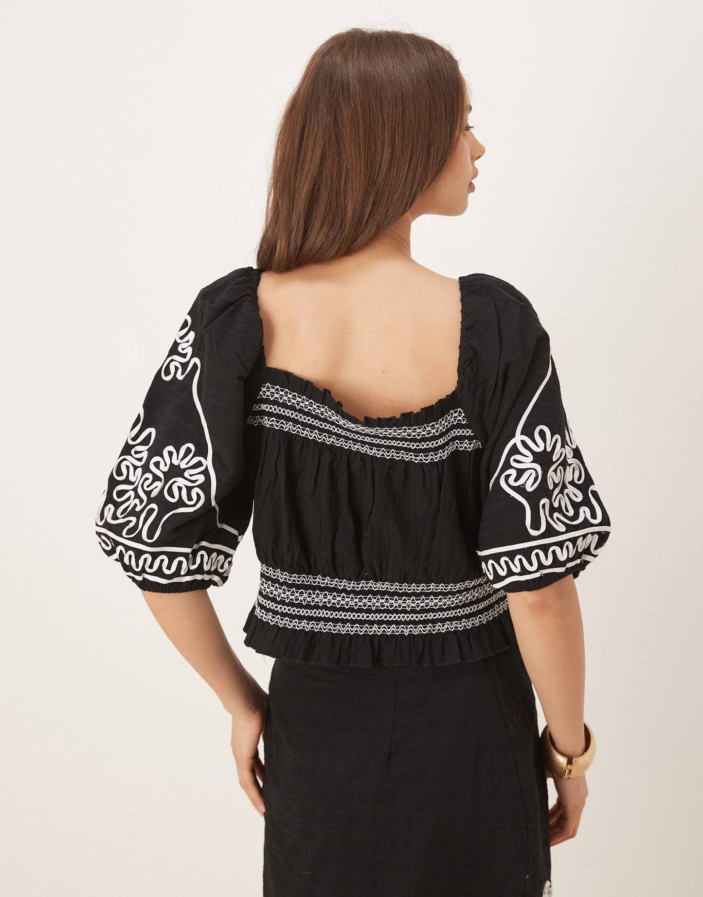 YAS contrast cornelli embroidered puff sleeve crop top co-ord in black