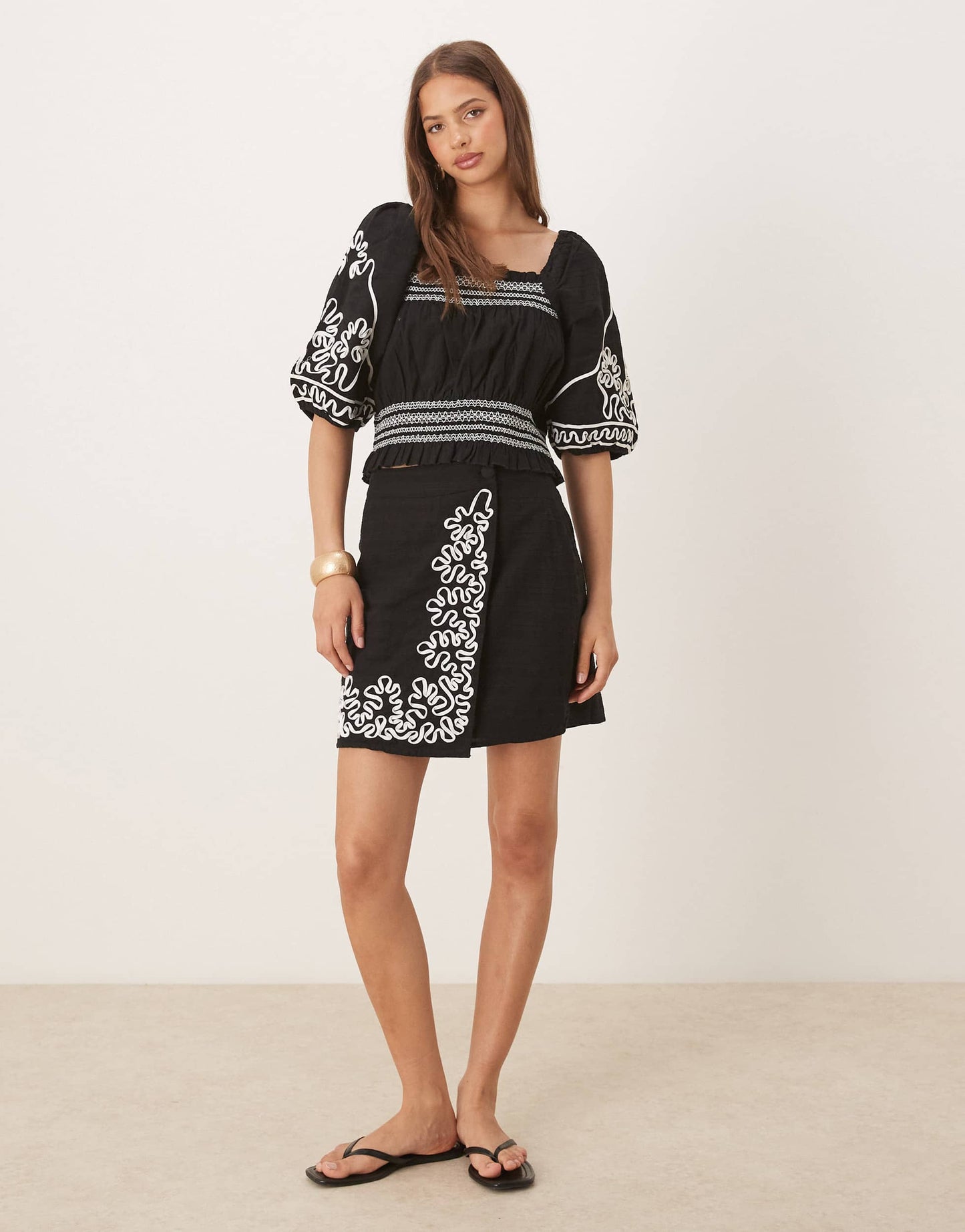 YAS contrast cornelli embroidered puff sleeve crop top co-ord in black