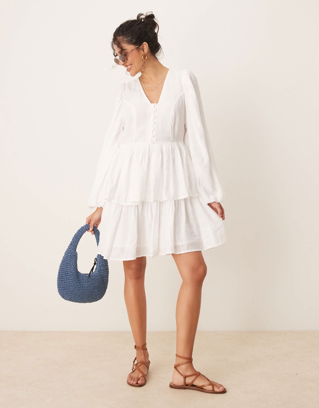 YAS puff sleeve button front boho mini dress in white