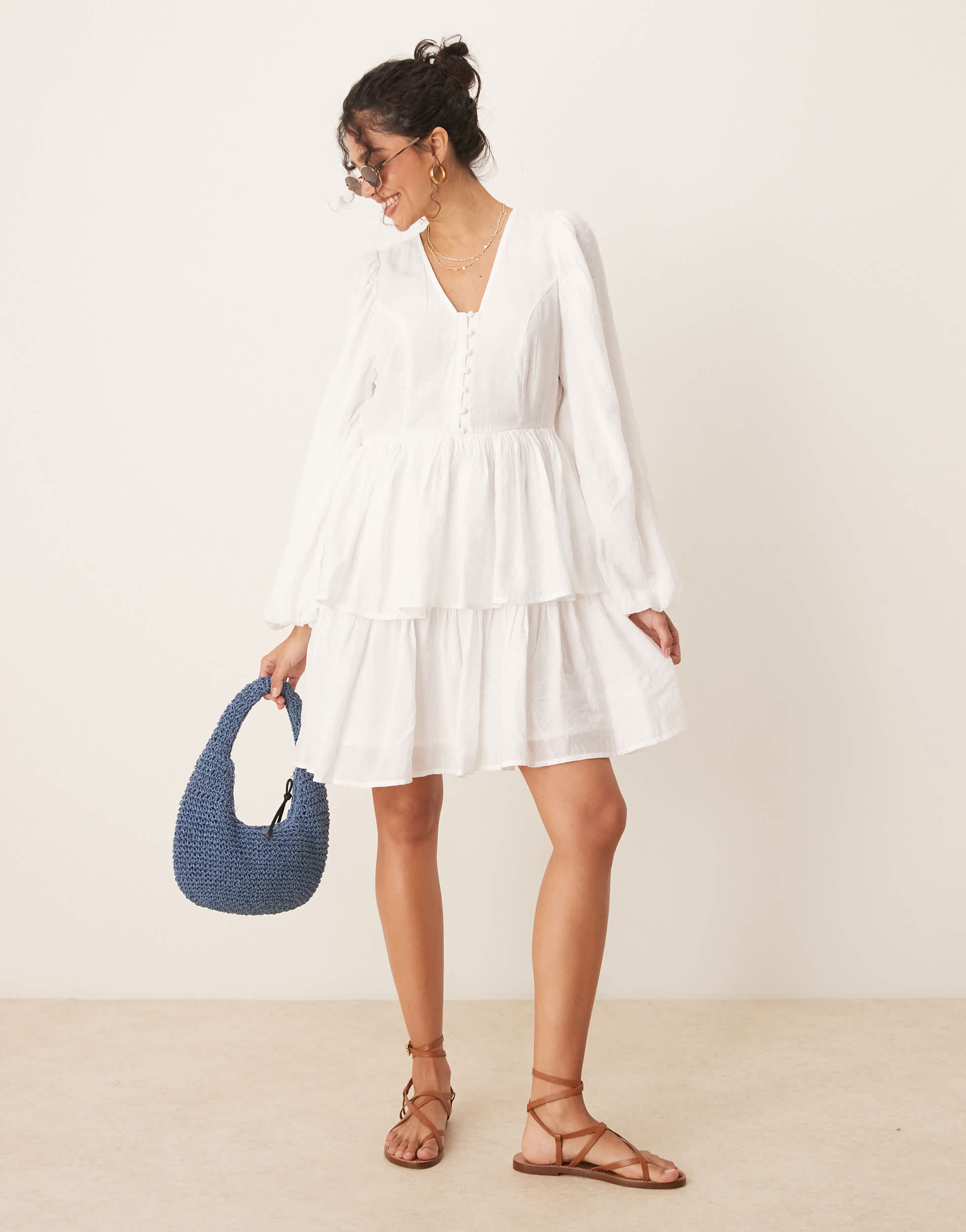 YAS puff sleeve button front boho mini dress in white