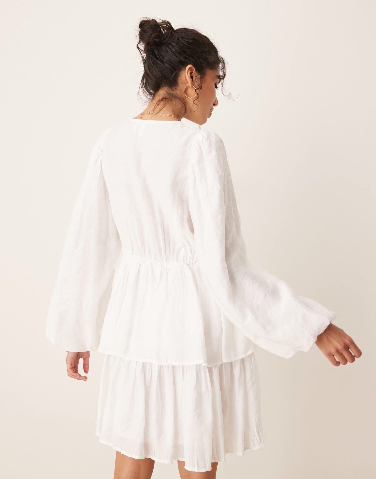 YAS puff sleeve button front boho mini dress in white