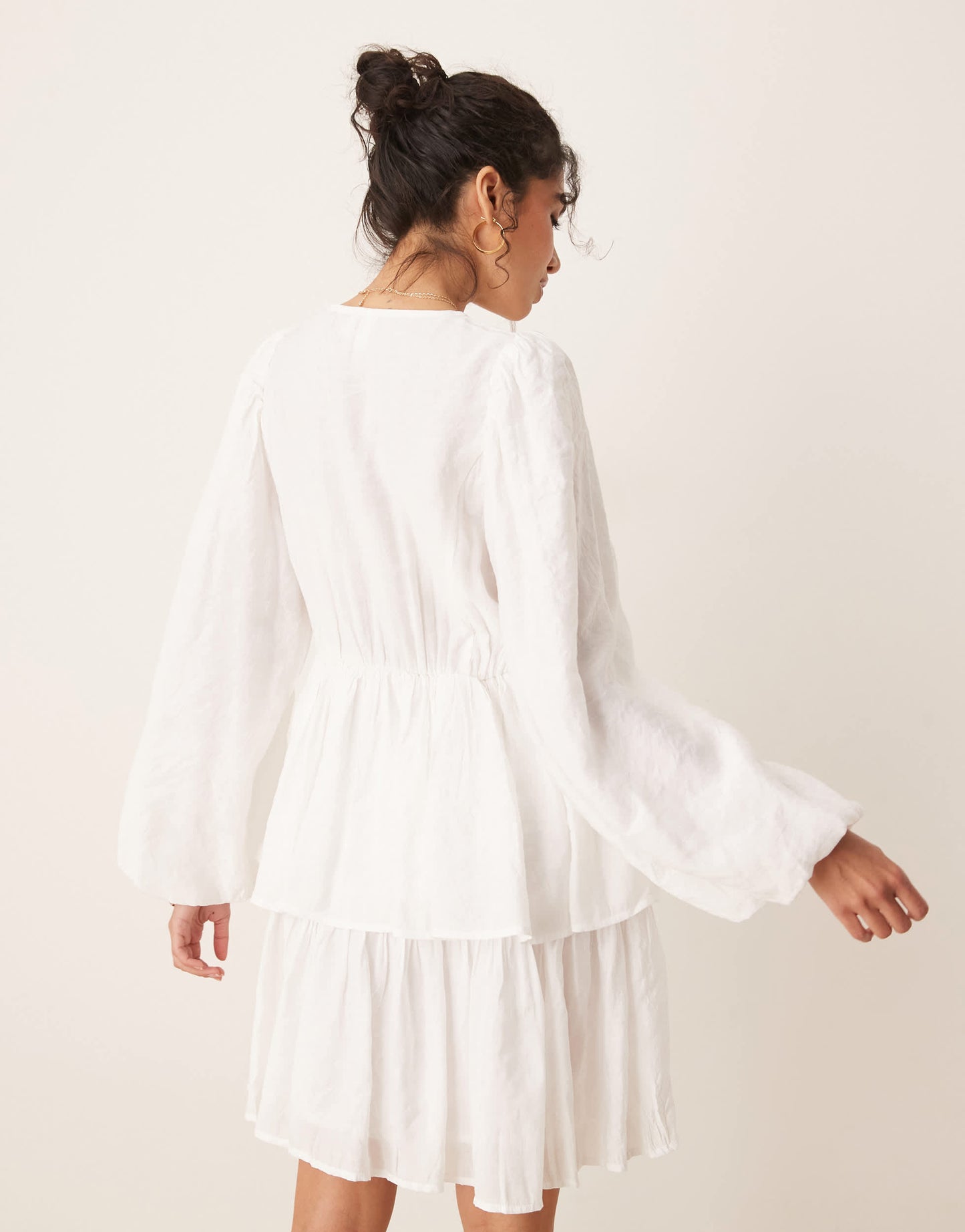 YAS puff sleeve button front boho mini dress in white