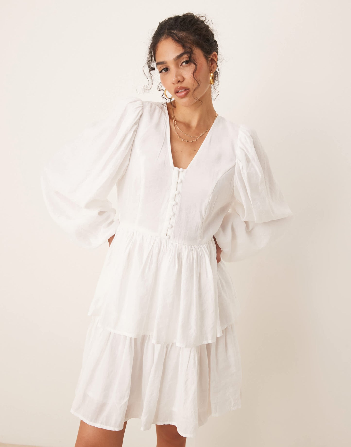 YAS puff sleeve button front boho mini dress in white