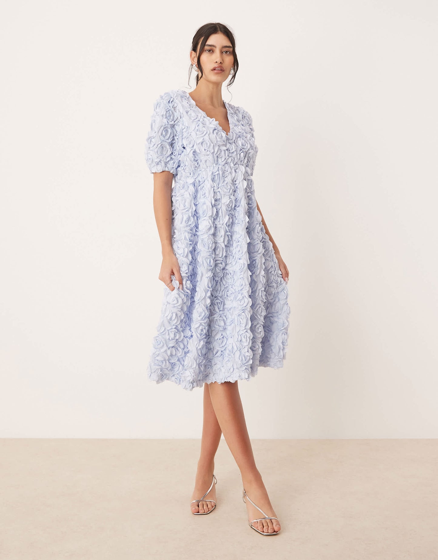 YAS 3D floral textured v neck midi dress in soft blue