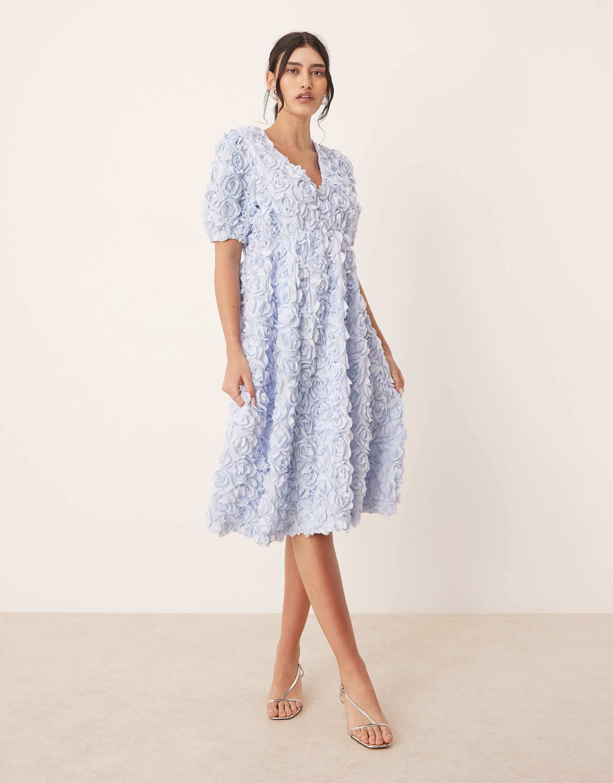 YAS 3D floral textured v neck midi dress in soft blue