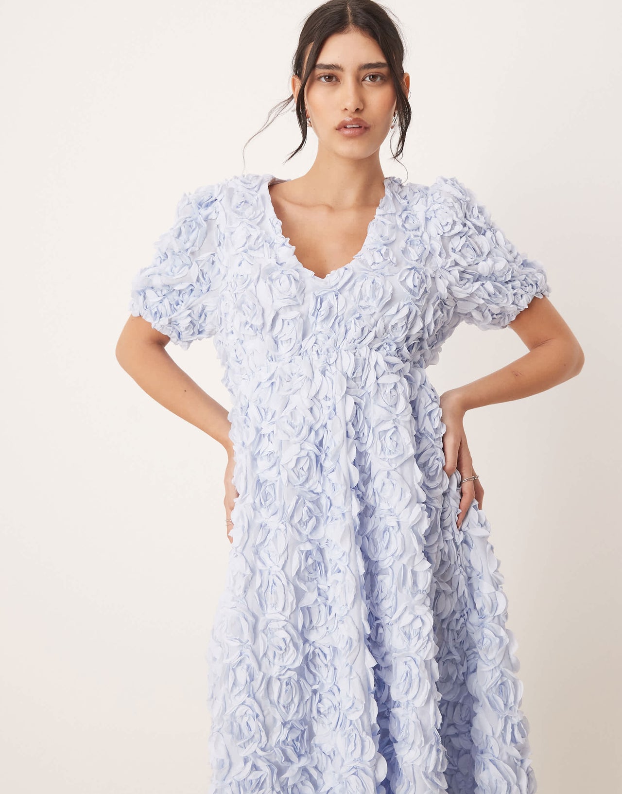 YAS 3D floral textured v neck midi dress in soft blue