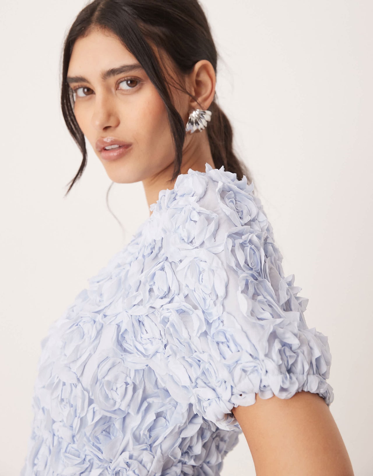 YAS 3D floral textured v neck midi dress in soft blue