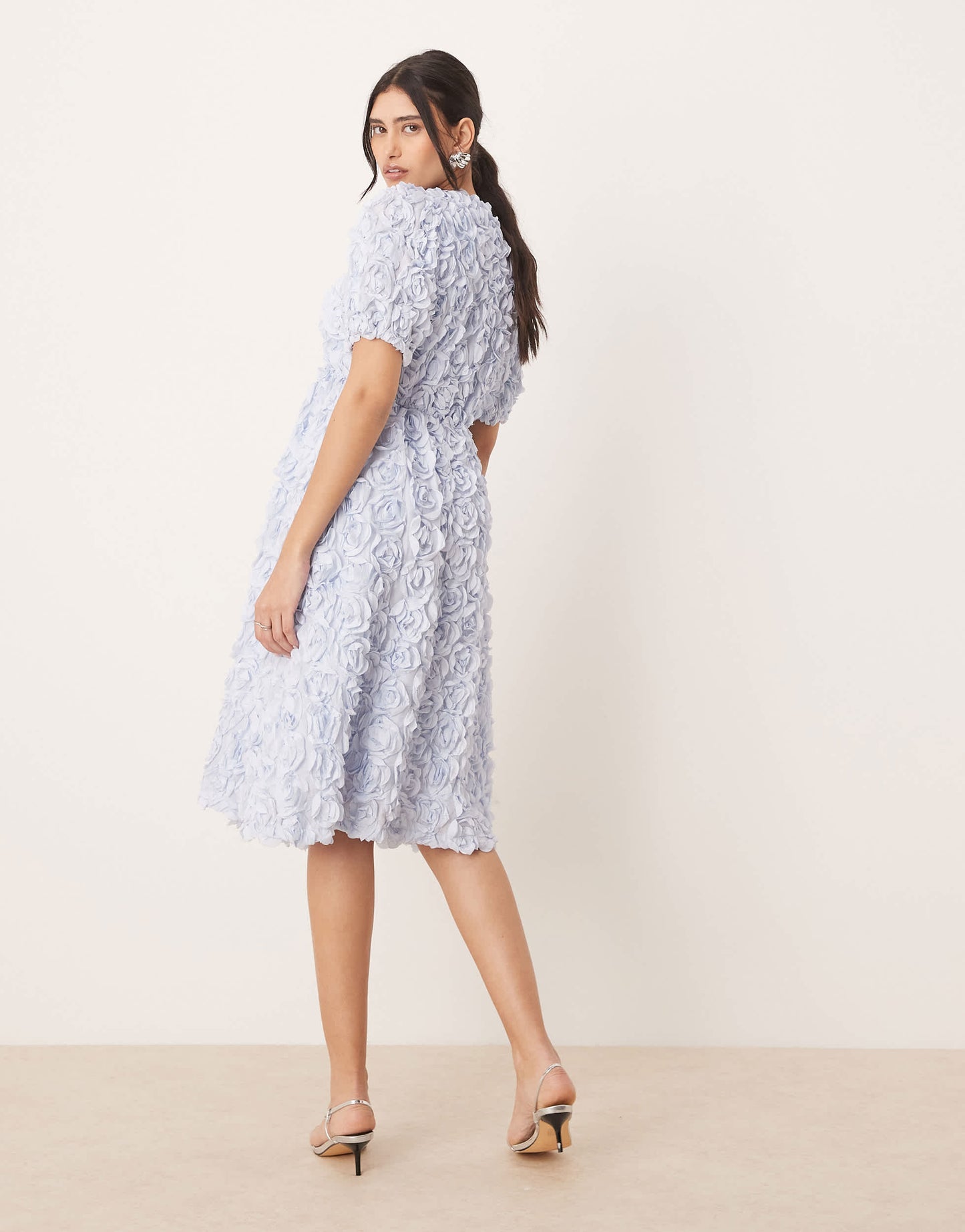 YAS 3D floral textured v neck midi dress in soft blue