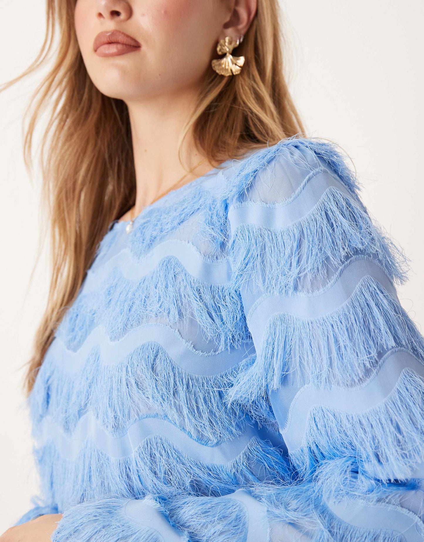 YAS textured flared sleeve blouse in blue