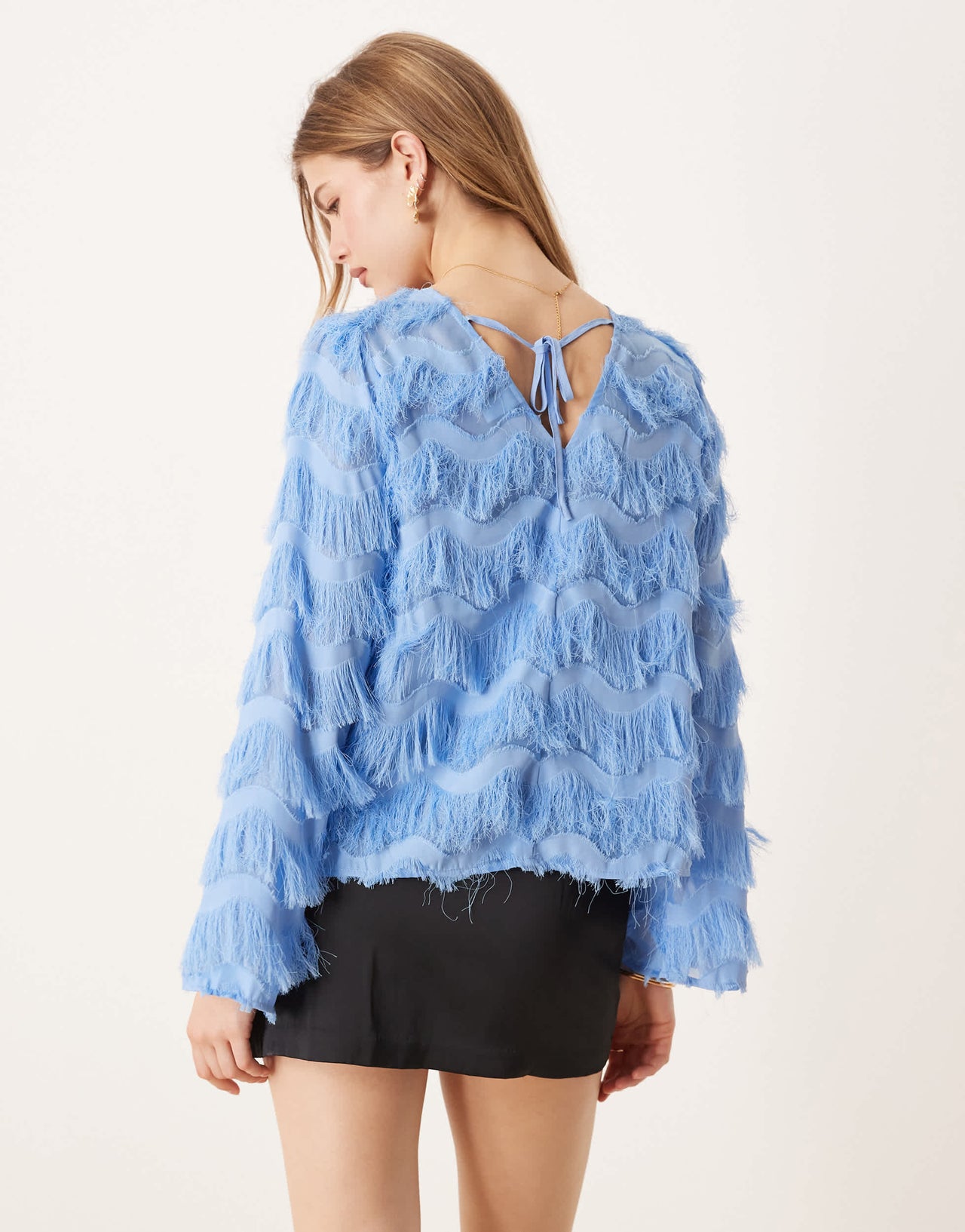 YAS textured flared sleeve blouse in blue